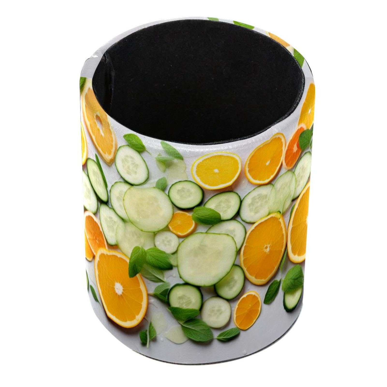 FVQL Pen Holder & Makeup Brush Organizer - Desk Pencil Cup with Orange & Cucumber Fruit Design - Perfect for Office, School, Vanity & Home Decor