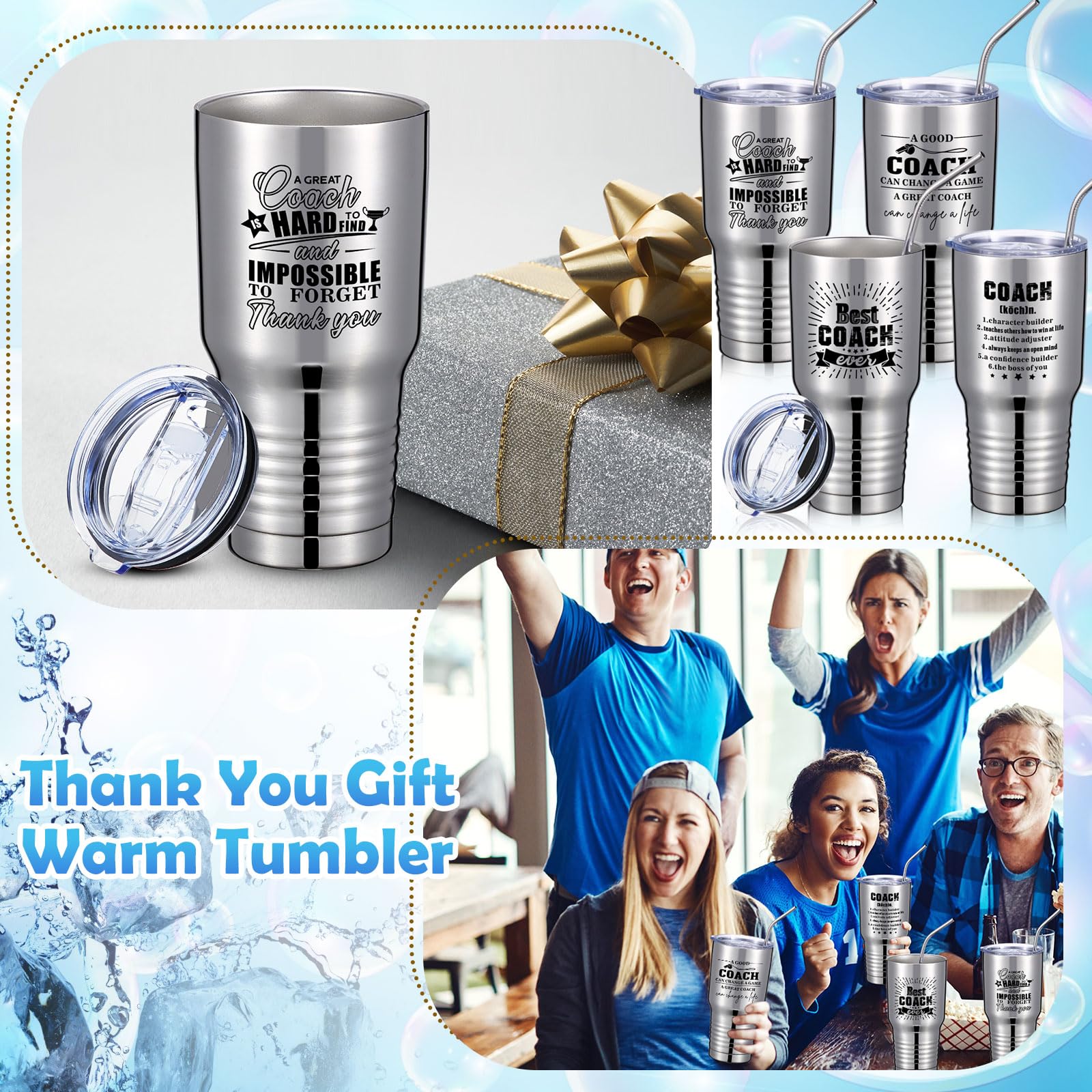 Uiifan 4-Pack 30oz Stainless Steel Coach Thank You Gift Set - Best Coach Ever Tumbler with Lid & Straw (Silver) - Perfect for Basketball, Soccer, Baseball Coaches - Great for Practice, Games & Team Appreciation