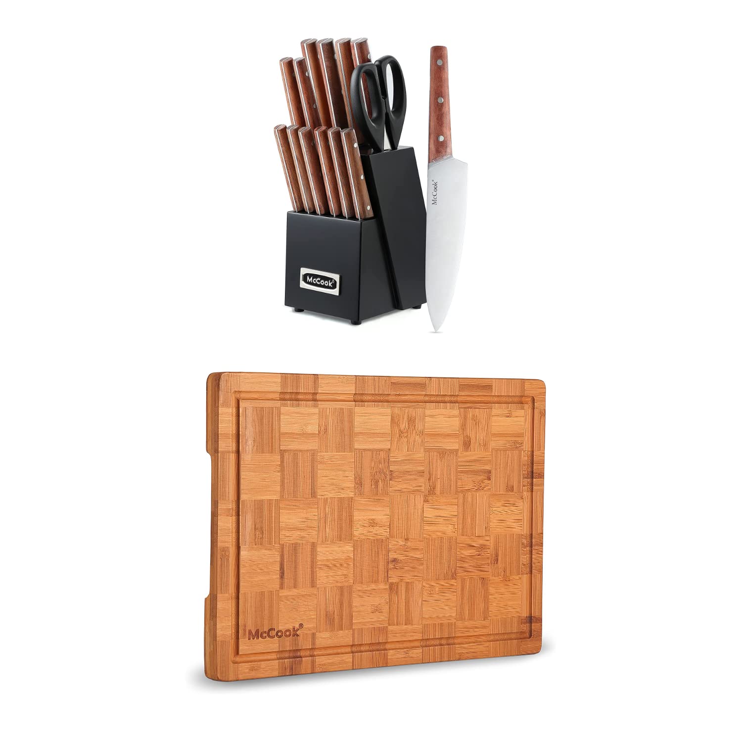 McCook MC18 Full Tang German Stainless Steel Knife Set with MCW12 Large Bamboo Cutting Board (17