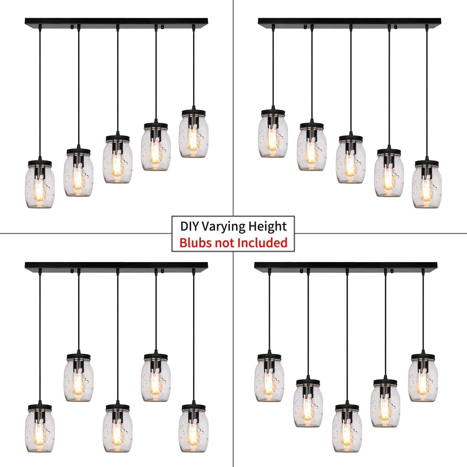 5-Lights Mason Jar Pendant Lighting - Farmhouse Glass Jar Ceiling Light Fixture for Kitchen Island, Dining Room, Farmhouse Decor - Perfect for Barn, Hallway & Stairway Lighting