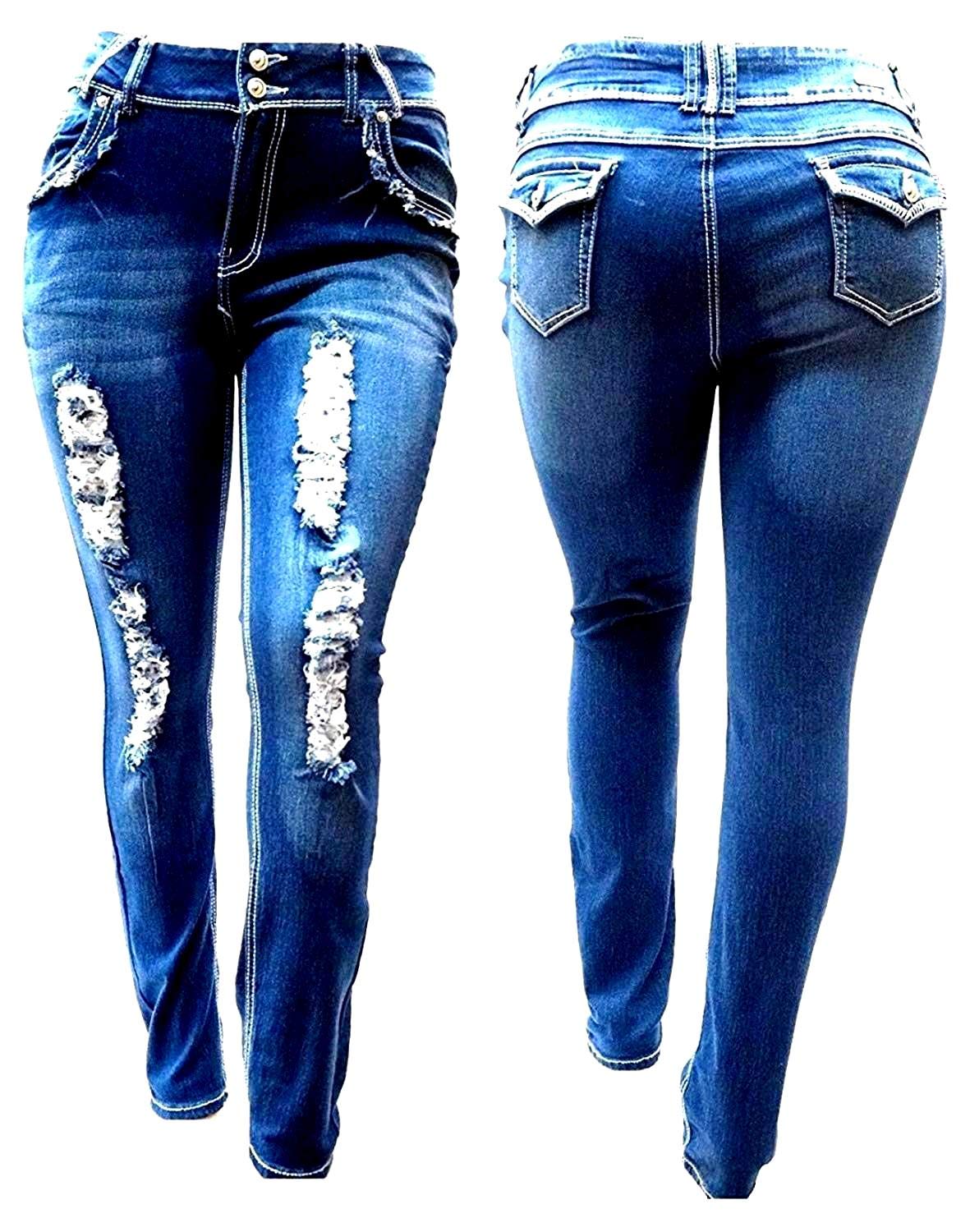 Jack David Women's Plus Size Distressed Ripped Destroyed Blue Denim Jeans - Skinny Bootcut Pants for Casual Wear & Street Fashion