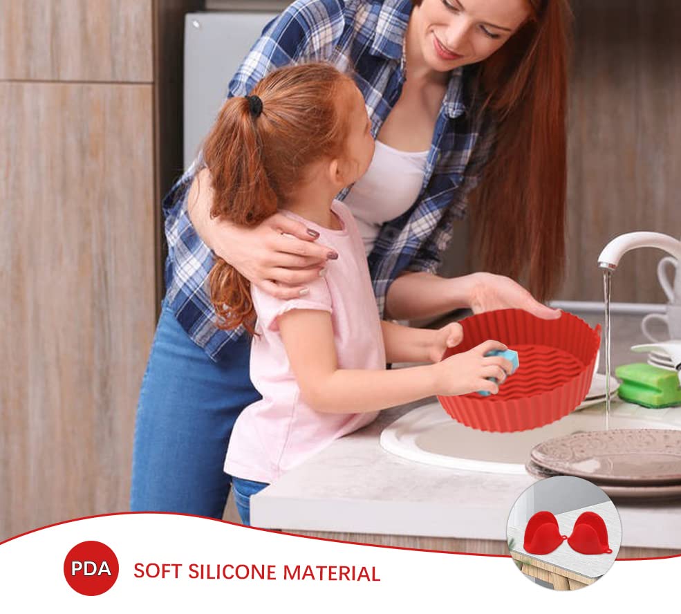 8.5-Inch Air Fryer Basket with 2 Kitchen Gloves - Reusable Silicone Accessories for 5-8 Qt Air Fryers (Red) - Perfect for Healthy Frying, Roasting, and Baking at Home