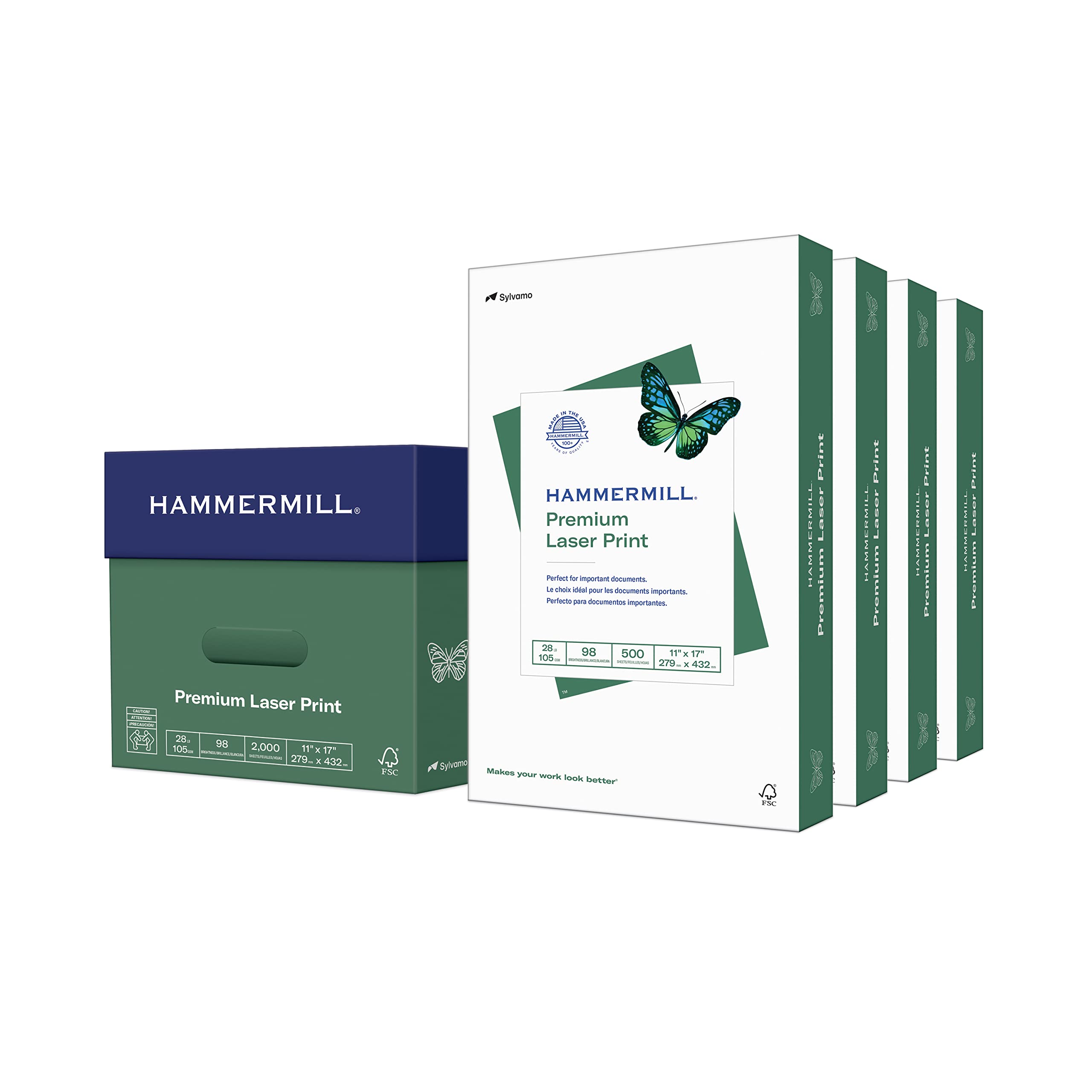 Hammermill Premium 28 lb Laser Printer Paper, 11 x 17 Inches, 4 Reams (2,000 Sheets) - 98 Brightness, Made in USA, 125526C - Ideal for Office Documents, Presentations, and High-Quality Printing