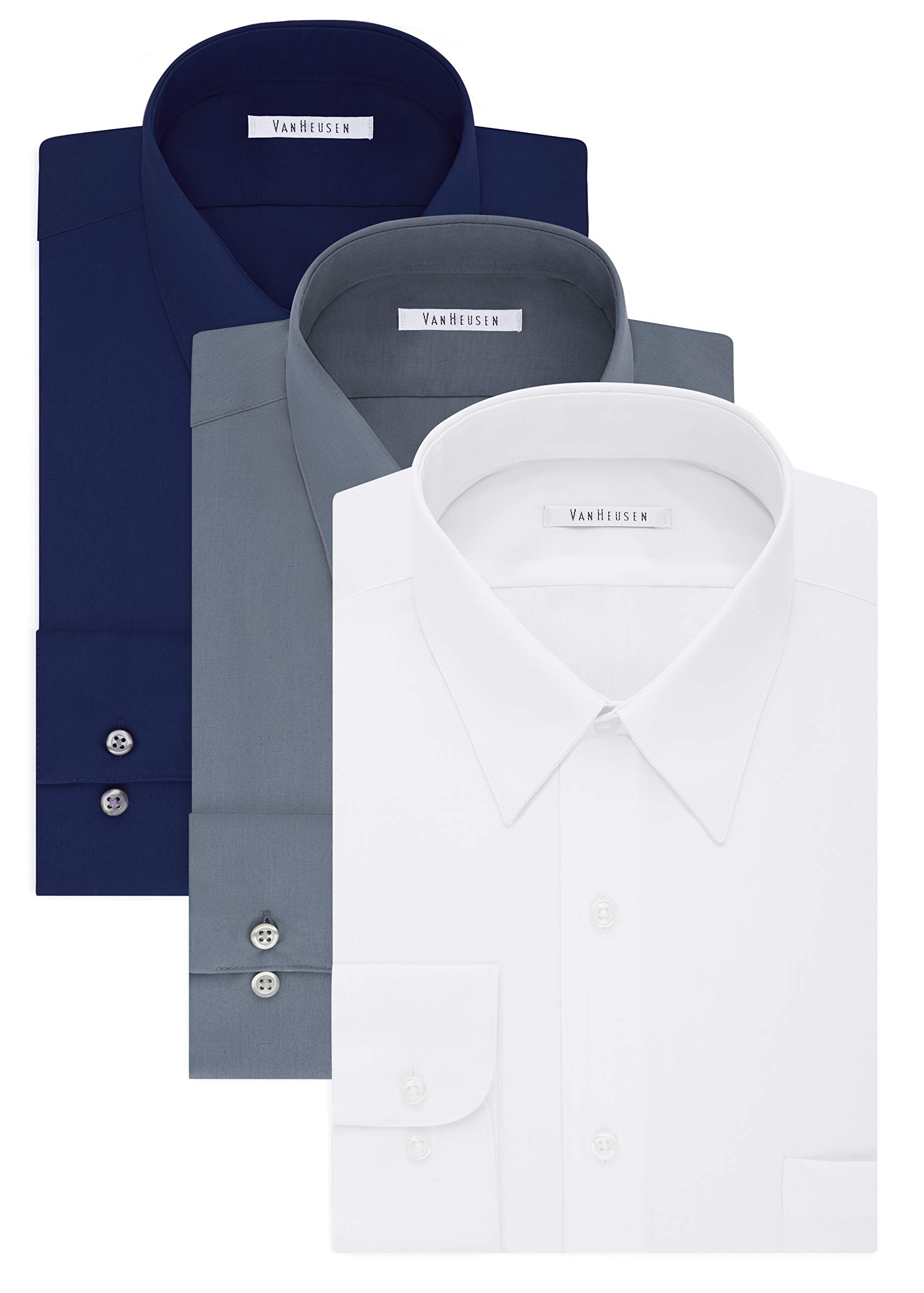 Van Heusen Big & Tall Men's Dress Shirts - Tall Fit Poplin Point Collar Shirt - White, Grey & Persian Blue - 18