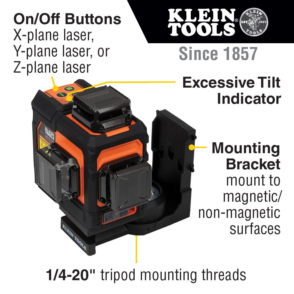 Klein Tools 93PLL Self-Leveling Laser Level - Bright Green 3x360° Planes, Rechargeable Battery & Magnetic Mount for Construction, Remodeling, and DIY Projects