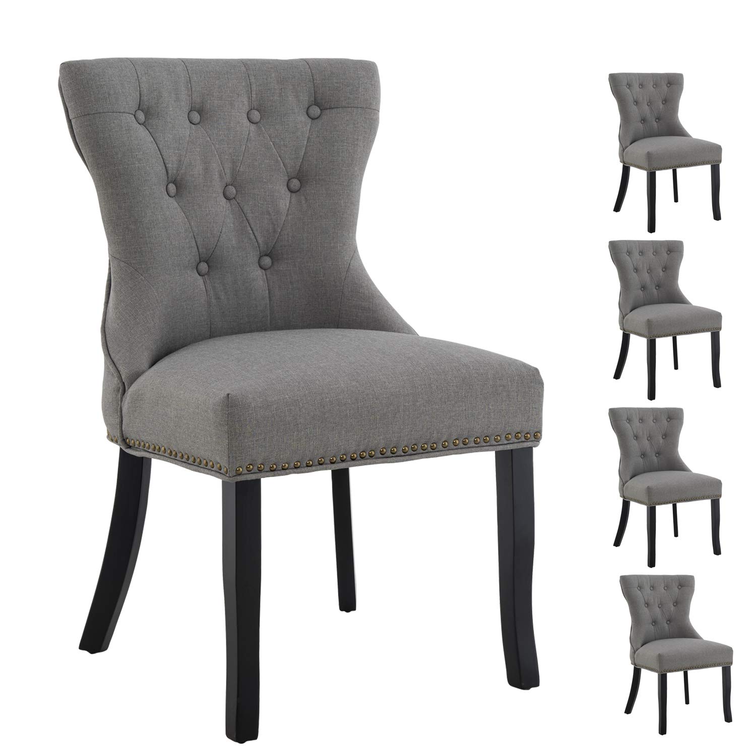 Gray Mid Century Modern Dining Chairs Set of 4 - Tufted Wingback Upholstered Fabric Kitchen Chairs with Solid Wood Legs - Perfect for Dining Room, Kitchen Island & Breakfast Nook