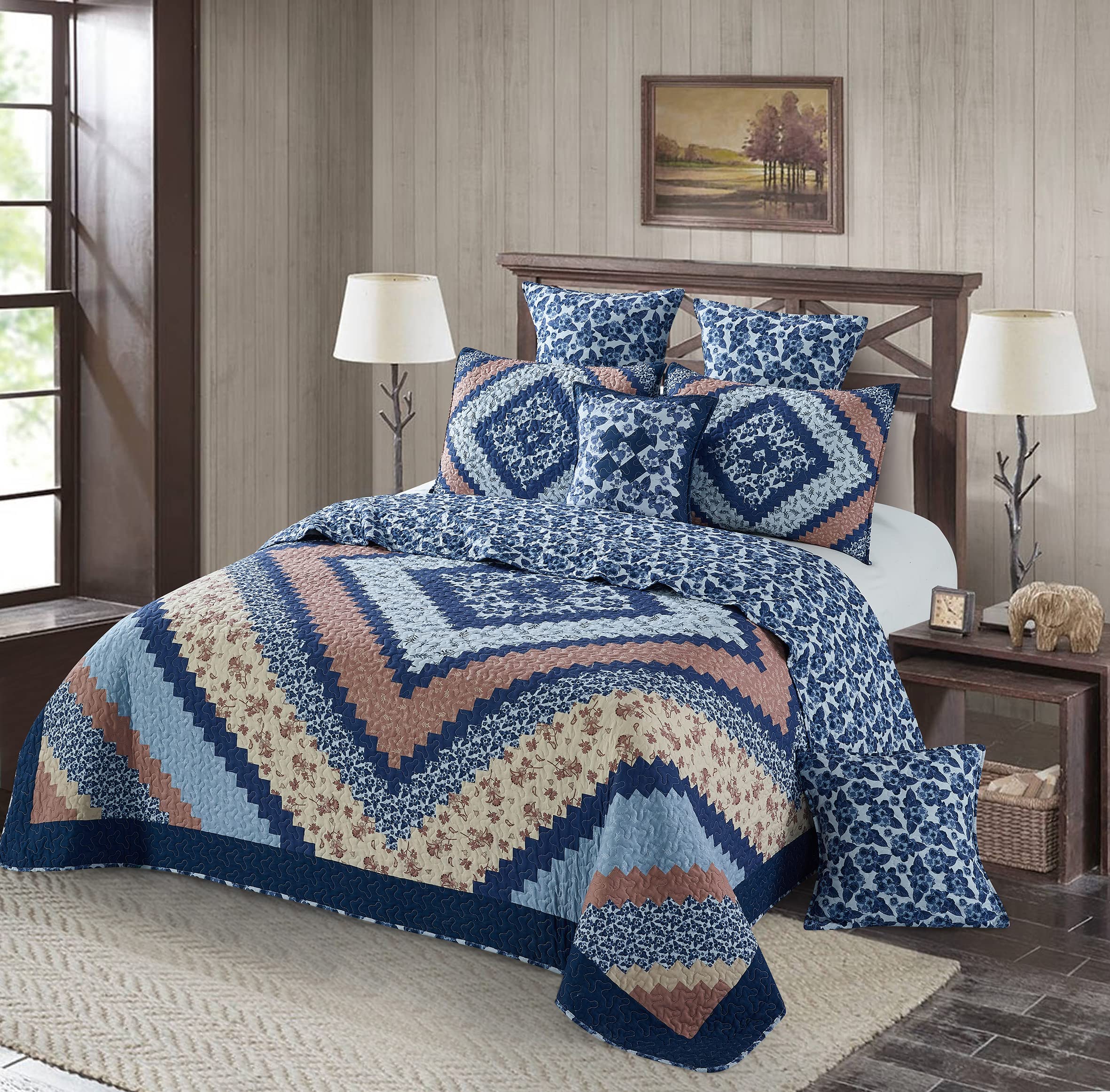Virah Bella 3-Piece Full/Queen Quilt Bedding Set - Rustic Reversible Patchwork Comforter with Pillow Shams - Country Cabin Decor for Cozy Bedrooms & Farmhouse Style Homes