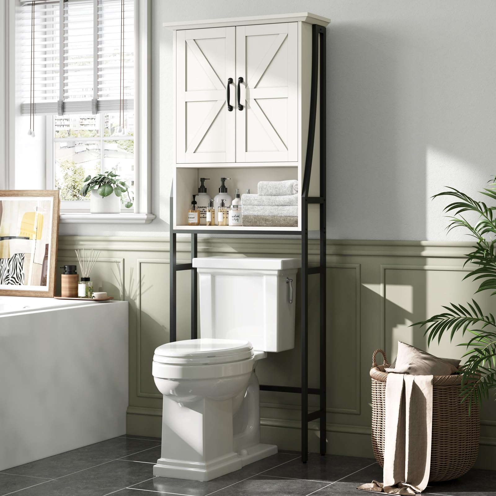 Over The Toilet Storage Cabinet with Barn Doors - White Bathroom Organizer Shelf for Towels, Toiletries & Decor - Space Saving Above Toilet Storage for Small Bathrooms & Apartments