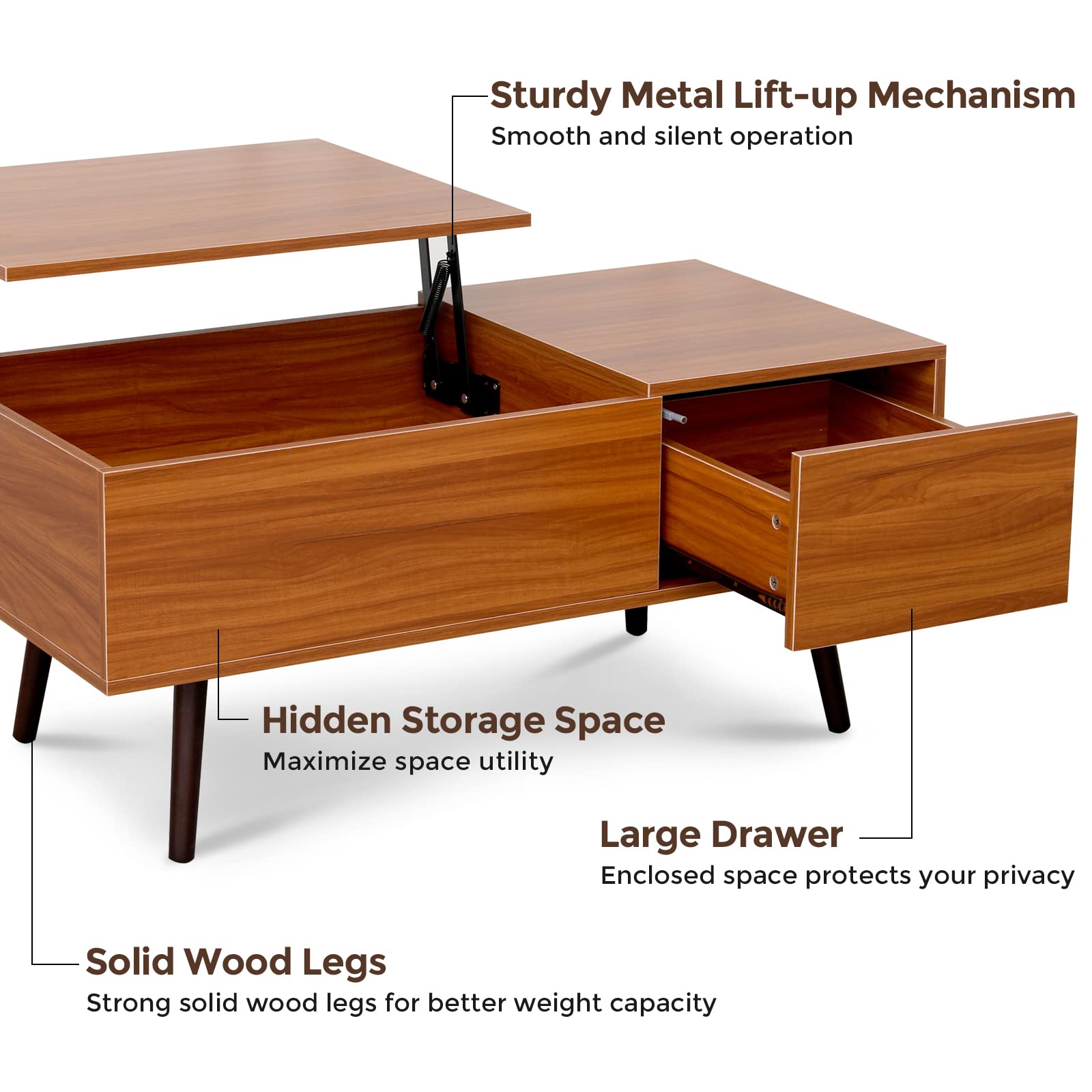 Lift Top Coffee Table with Storage Drawer - Adjustable Wood Coffee Table with Hidden Compartment | Multi-Functional Living Room, Office & Reception Room Furniture for Small Spaces & Modern Homes