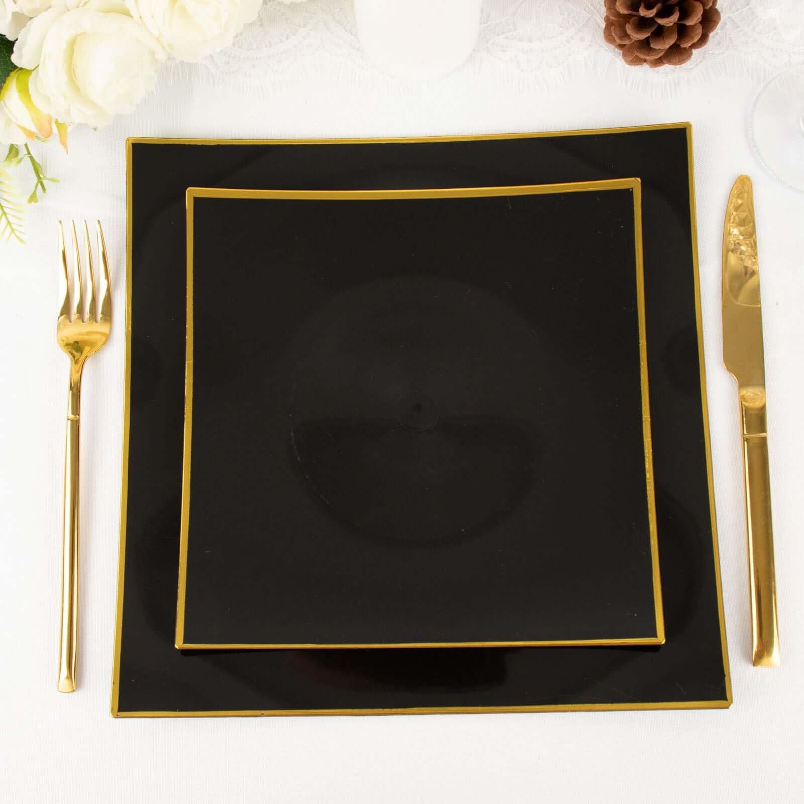 Efavormart 10-Pack 8 Inch Black and Gold Concave Square Plastic Dinner Plates - Disposable Party Plates for Weddings, Birthdays, and Special Events