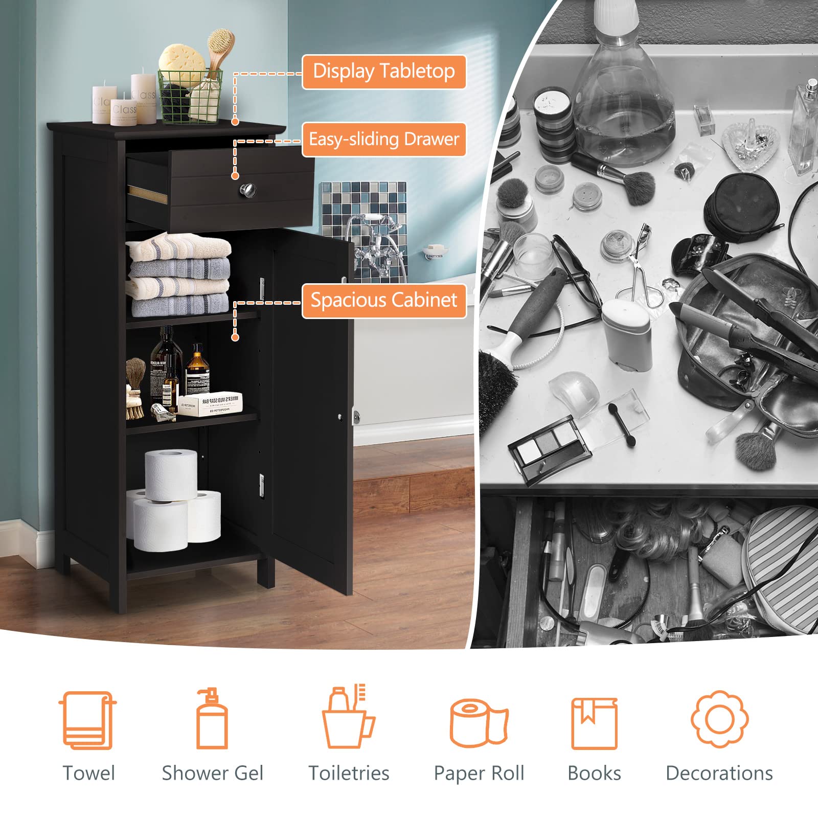 Hysache Bathroom Floor Storage Cabinet - Multifunctional Freestanding Organizer with 3 Shelves for Towels, Toiletries & Cleaning Supplies | Perfect for Small Bathrooms, Laundry Rooms & Closets (Model HW66372)
