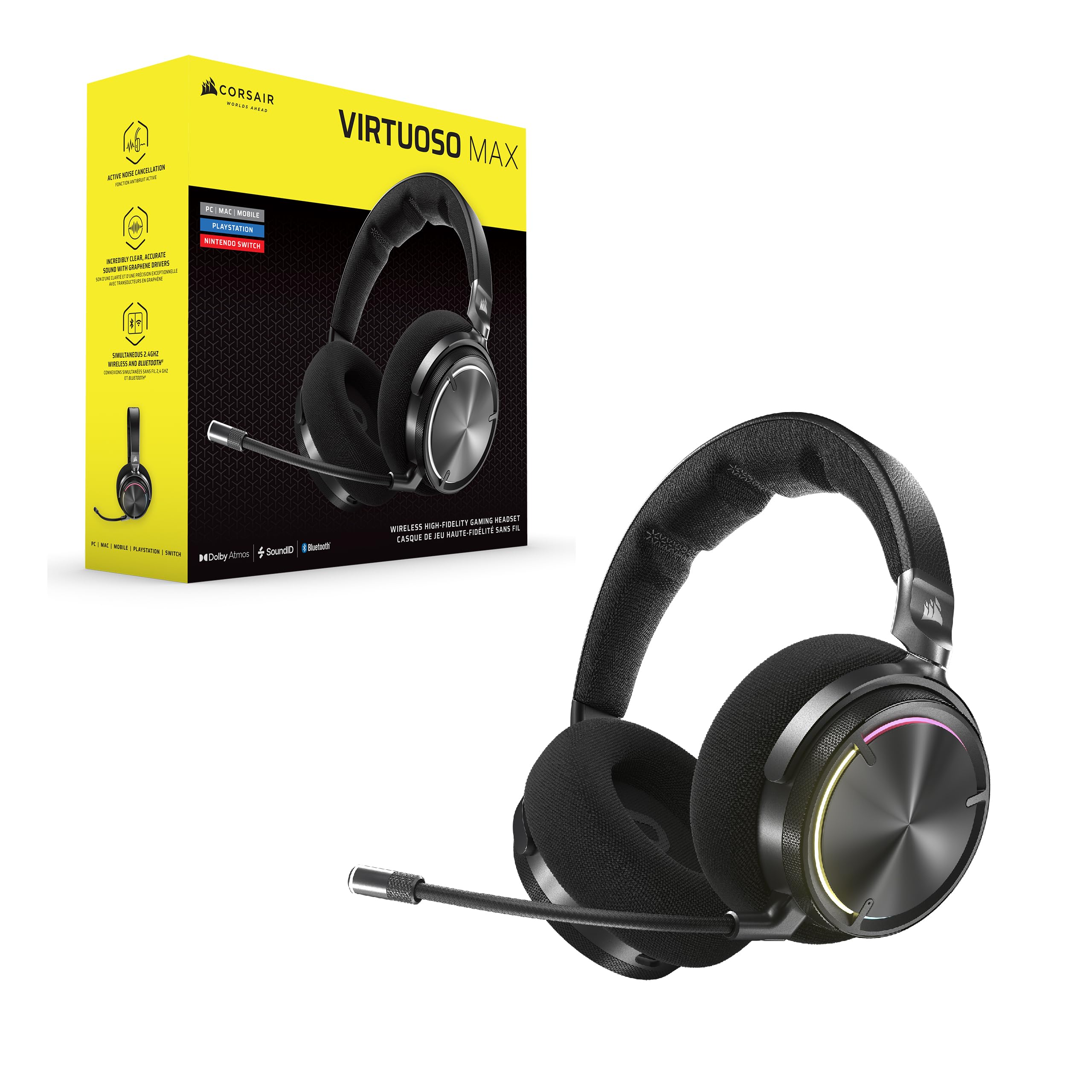 Corsair Virtuoso MAX Wireless Gaming Headset with Dolby Atmos & Active Noise Cancelling - 50mm Graphene Drivers, Sonarworks SoundID, Dual 2.4GHz/Bluetooth - Compatible with PC, Mac, PS5, PS4 (Carbon) - Perfect for Competitive Gaming & Immersive Entertainment