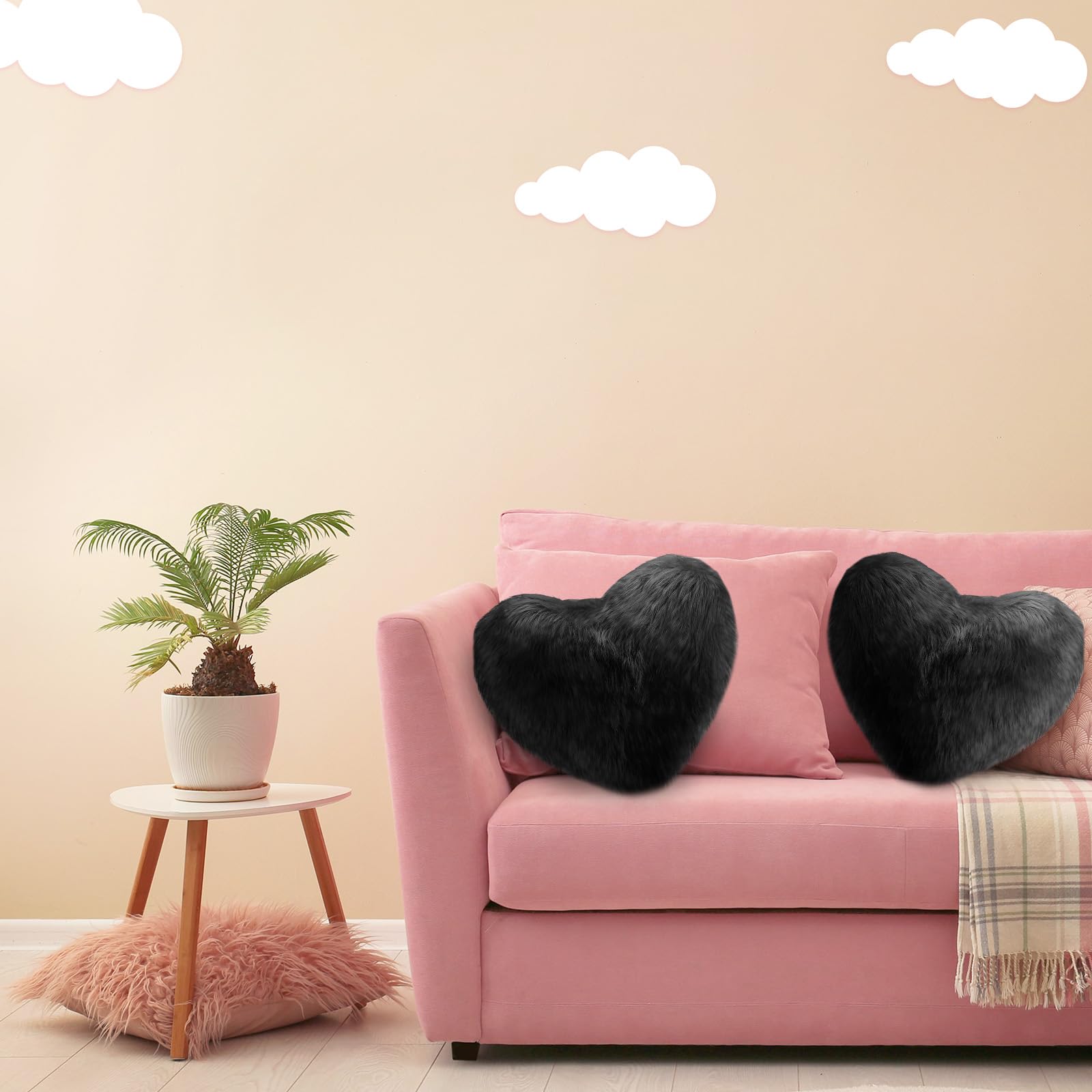 Enhon 2 Pack Fluffy Heart Shaped Pillows - 20x15.7 Inch Soft Faux Fur Throw Pillows with Insert for Valentine's Day, Wedding Decor, Bedroom, Living Room, Sofa & Office - Decorative Love Cushions (Black)