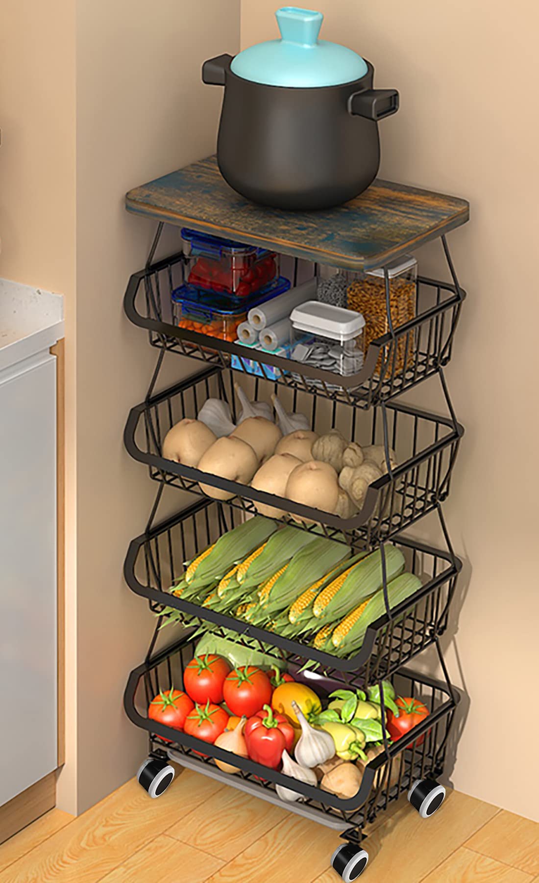 5-Tier Stackable Metal Storage Basket with Wooden Table Top & Wheels - Wire Fruit Basket Organizer for Kitchen Pantry, Bathroom, Living Room & Office - Portable Kitchen Cart for Fruits, Vegetables & Home Organization