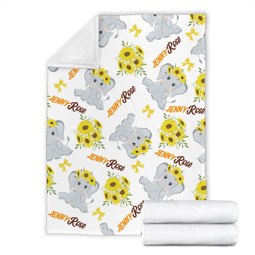 Personalized Sunflower Baby Elephant Blanket with Custom Name - Soft Nursery Blanket for Girls and Boys - Cute Elephant Design for Baby Shower, Newborn Gift, or Nursery Decor