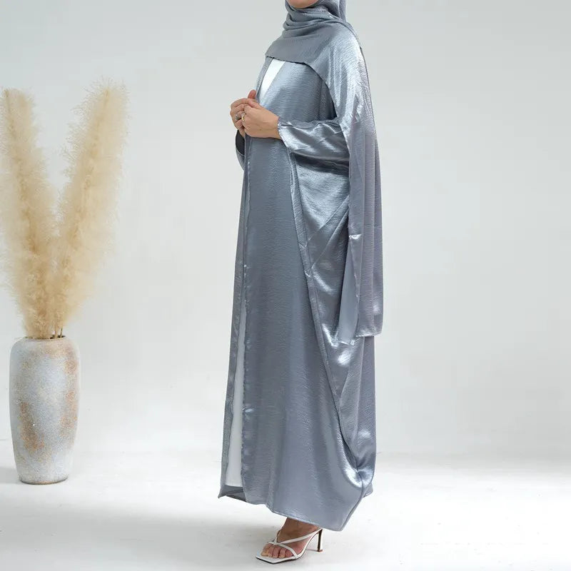 Elegant Batwing Sleeve Cardigan Open Front Abaya Dress with Matching Hijab Scarf - Perfect for Modest Fashion, Prayer Wear & Special Occasions