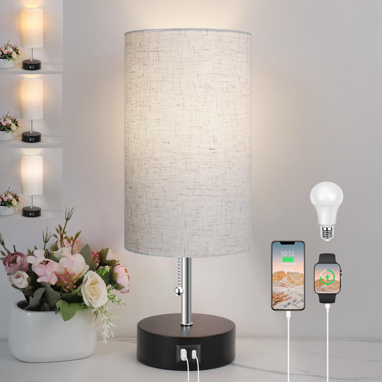 ROTTOGOON 3-Color Temperature Adjustable Bedside Lamp with USB A & C Ports, LED Nightstand Table Lamp for Bedroom, Living Room, Office, and Study (Oatmeal)