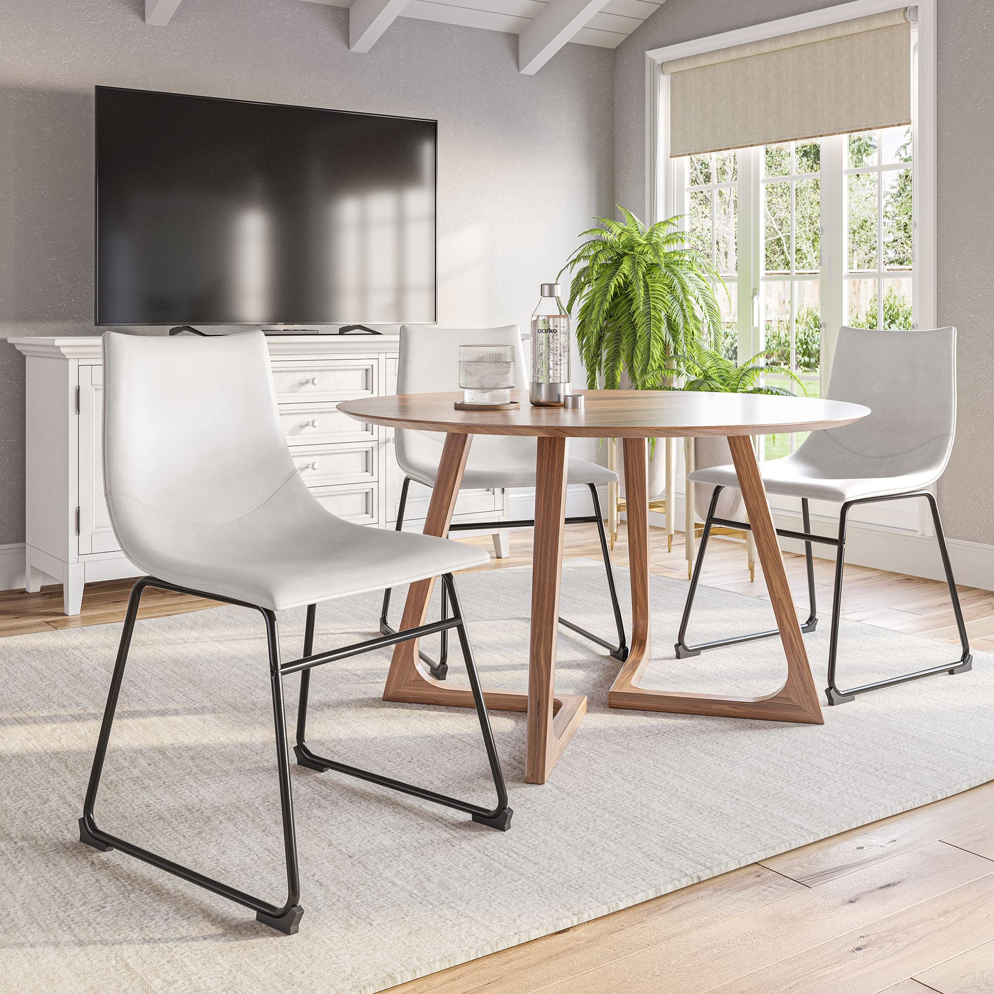 BELLEZE Set of 2 Modern Faux Leather Dining Chairs with Molded Mid Back - White Upholstered Kitchen & Bar Stools for Home, Restaurant & Office Use