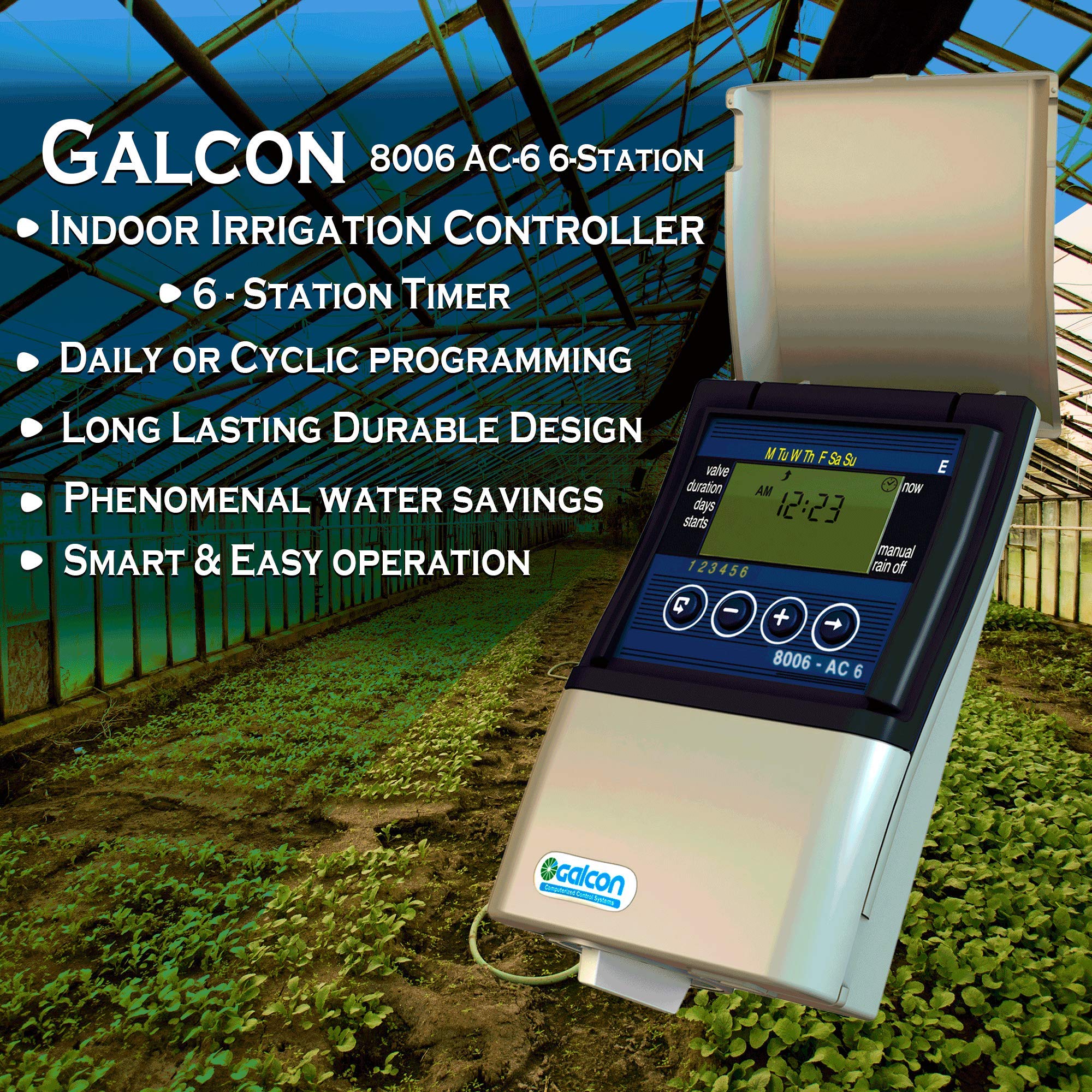 Galcon 8006 AC-6 6 Zone Automatic Sprinkler Controller - Programmable Irrigation Timer with Daily/Cyclic Settings for Lawn, Garden, Nursery & Greenhouse | Indoor Plant Watering System & Valve Box | Perfect for Residential Landscaping & Commercial Agriculture