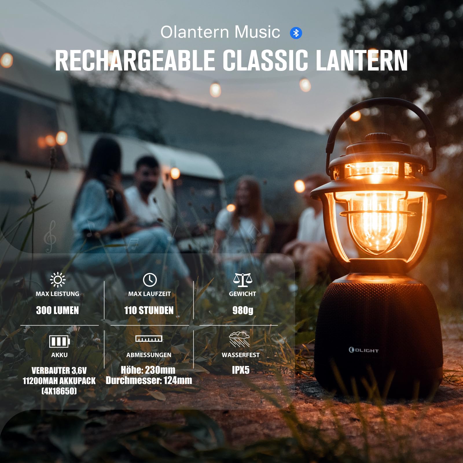 Olight Olantern 2-in-1 LED Camping Lantern with Bluetooth Speaker - 300LM Dimmable Light, Retro Design for Outdoor Camping, Hiking, Backpacking, Emergency & Home Decoration