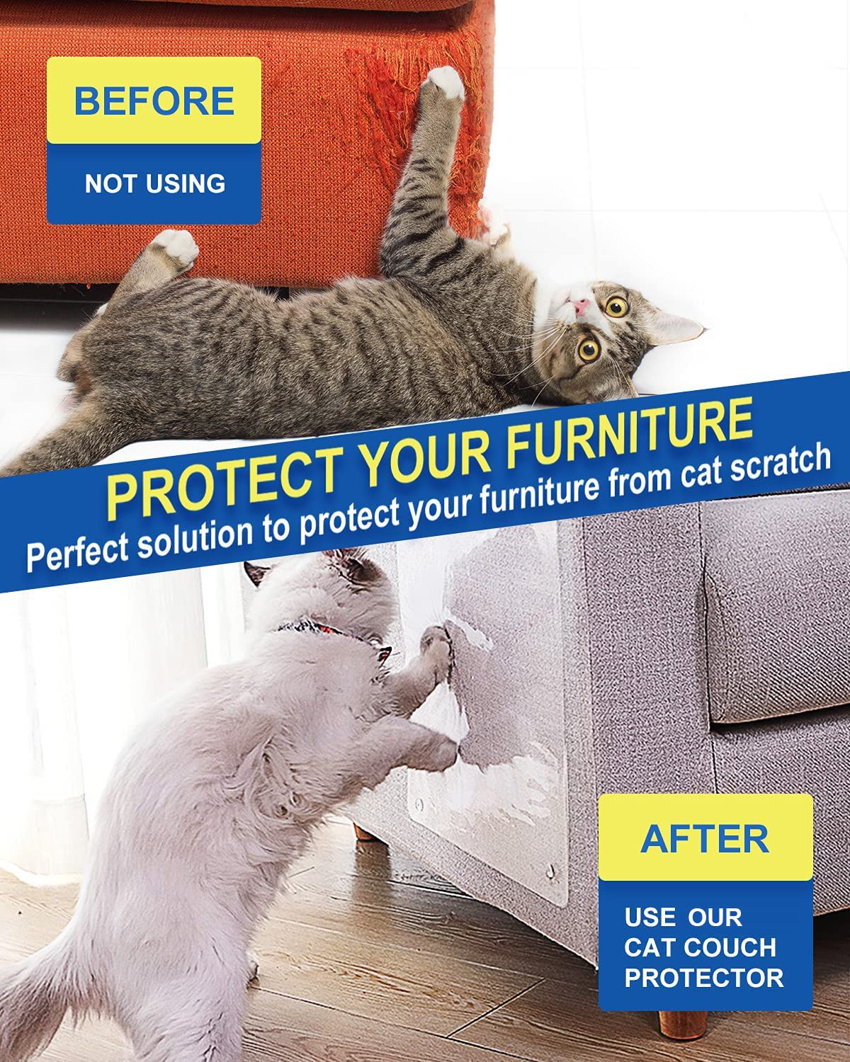 10 PCS Cat Scratch Furniture Protector for Leather Couches - Strong Adhesive Cat Couch Protector with 60 Pins, No Residue Scratch Deterrent for Pets - Perfect for Sofas, Chairs & Home Furniture Protection