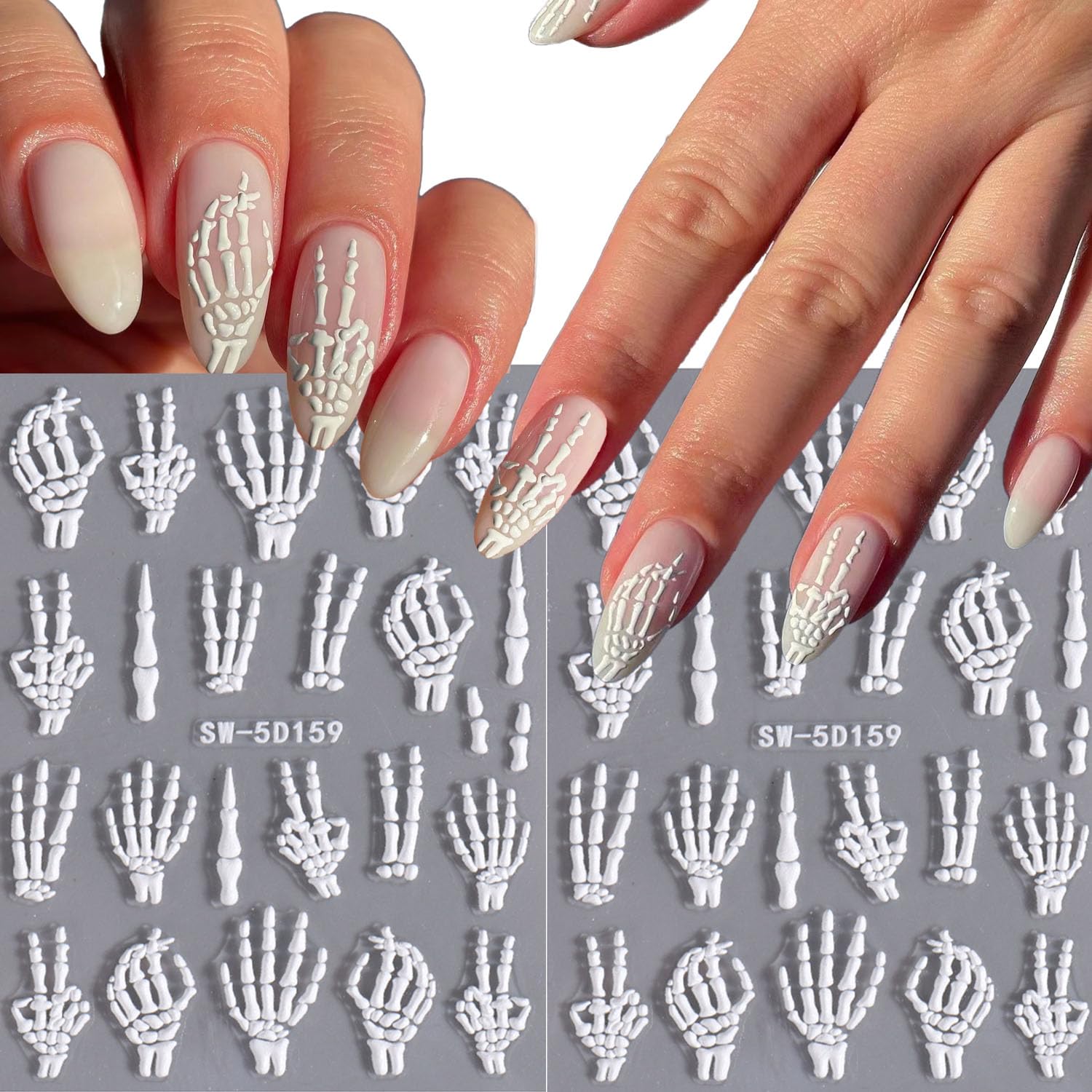 5D Halloween Nail Art Stickers - White Embossed Skeleton Self-Adhesive Nail Decals - Cute Bone Design Nail Supplies for Party & Costume - 2 Sheets