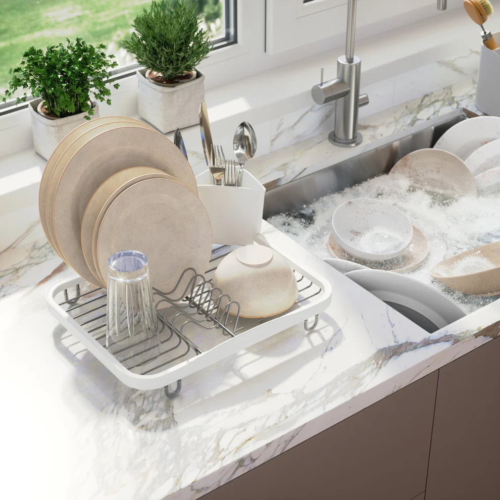 Stainless Steel Countertop Dish Rack with Drying Tray - Space Saving Kitchen Organizer for Dishes, Cups & Utensils - Perfect for Small Apartments, RVs & Compact Kitchens