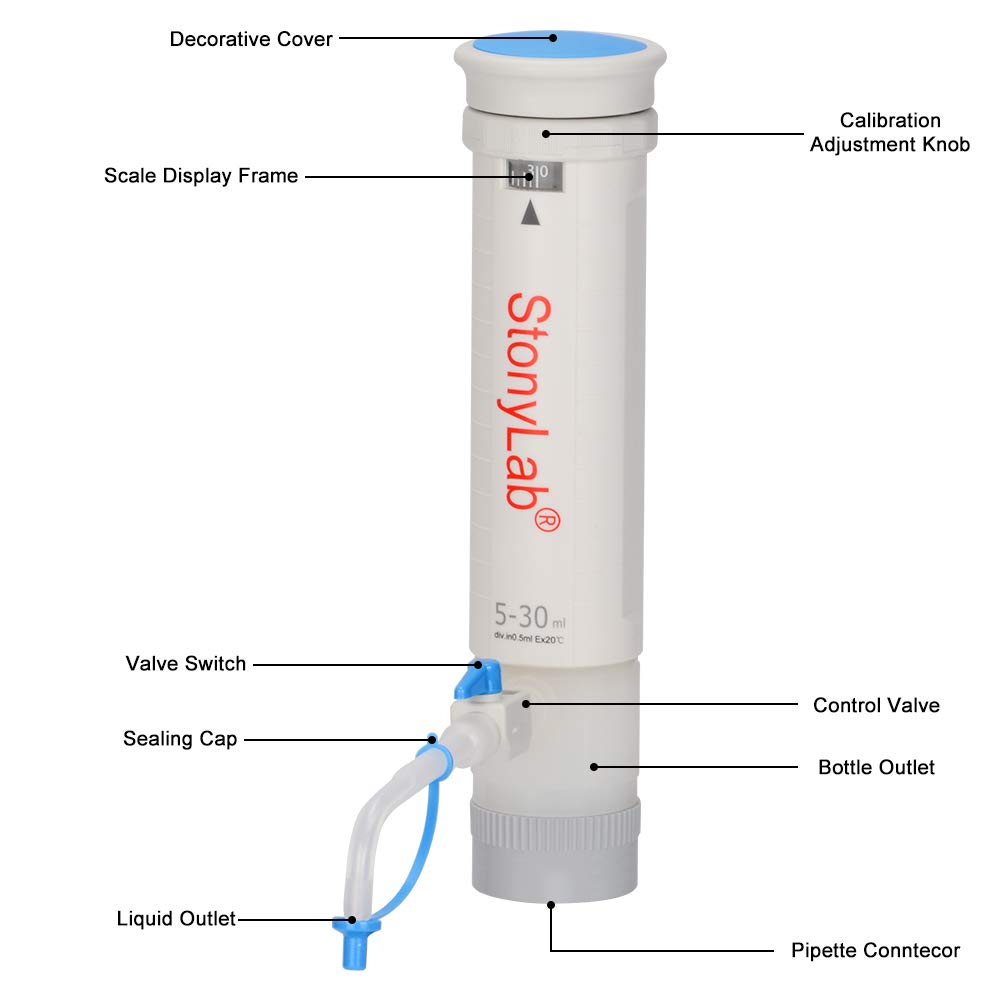 Stonylab Autoclavable Adjustable Bottle Top Dispenser 5-30ml with 500ml Borosilicate Glass Reagent Bottle & Adapters - Precision Liquid Dispensing for Laboratory Research, Chemistry Experiments & Scientific Measurements