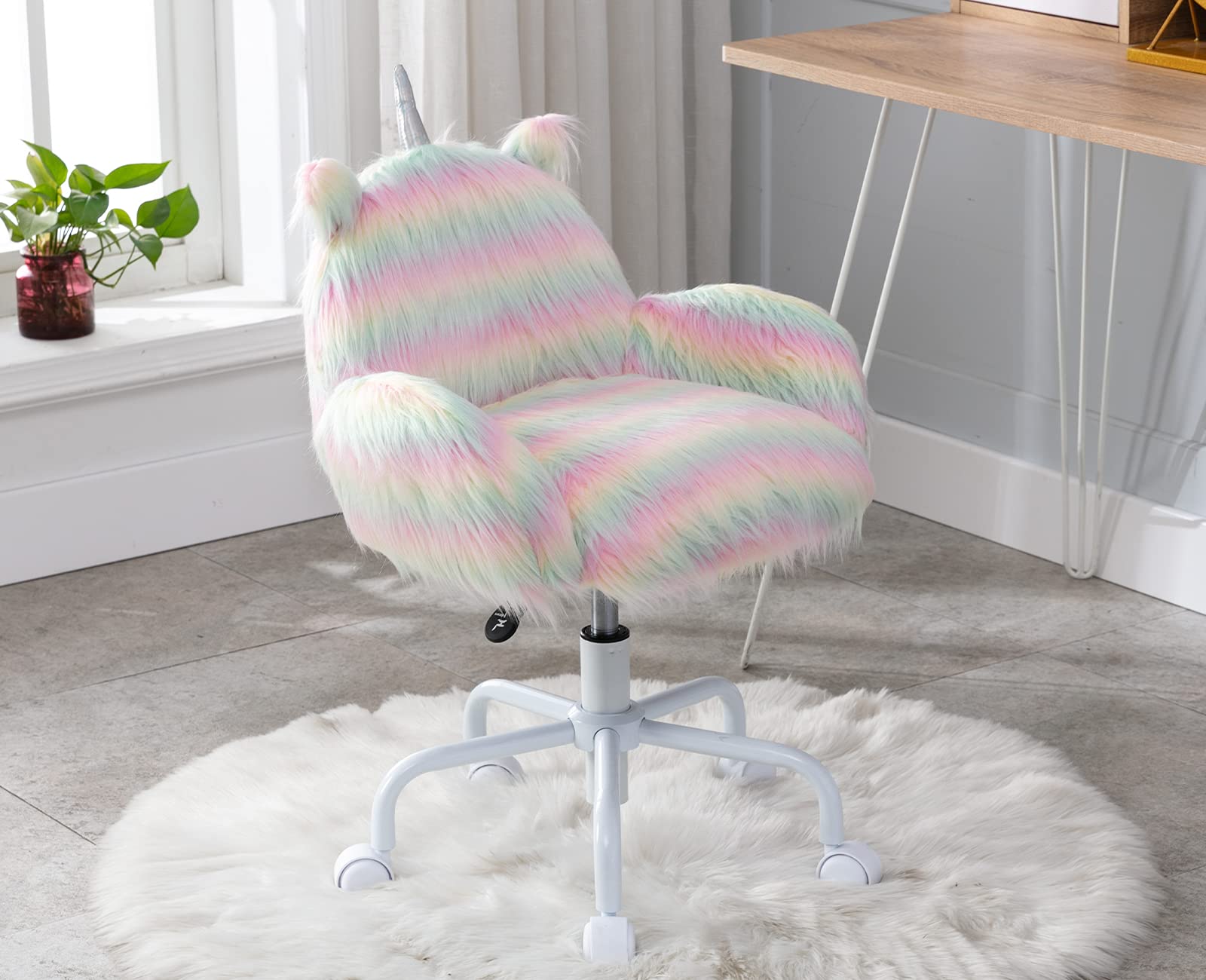 **Ergonomic Swivel Rolling Unicorn Kids Desk Chair with Arms - Rainbow Faux Fur Computer Chair for Girls, Perfect for Study, Reading & Vanity Desks**