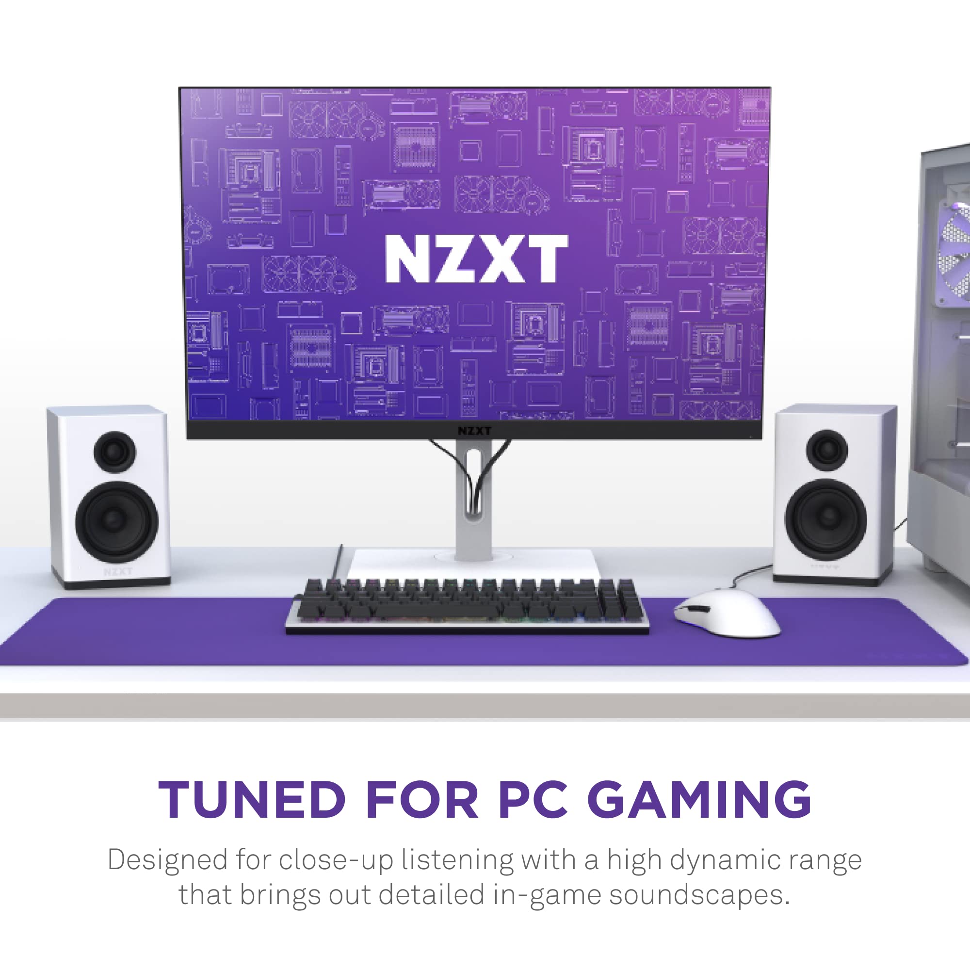NZXT Relay PC Gaming Desktop Speakers - 80W Bookshelf-Style Design with Silk Dome Tweeters & Glass Fiber Woofers - High Dynamic Range Audio for Gaming, Music & Movies - White MDF Construction (AP-SPKW2-UK) - Perfect for Home Office, Gaming Setup & Multimedia Entertainment