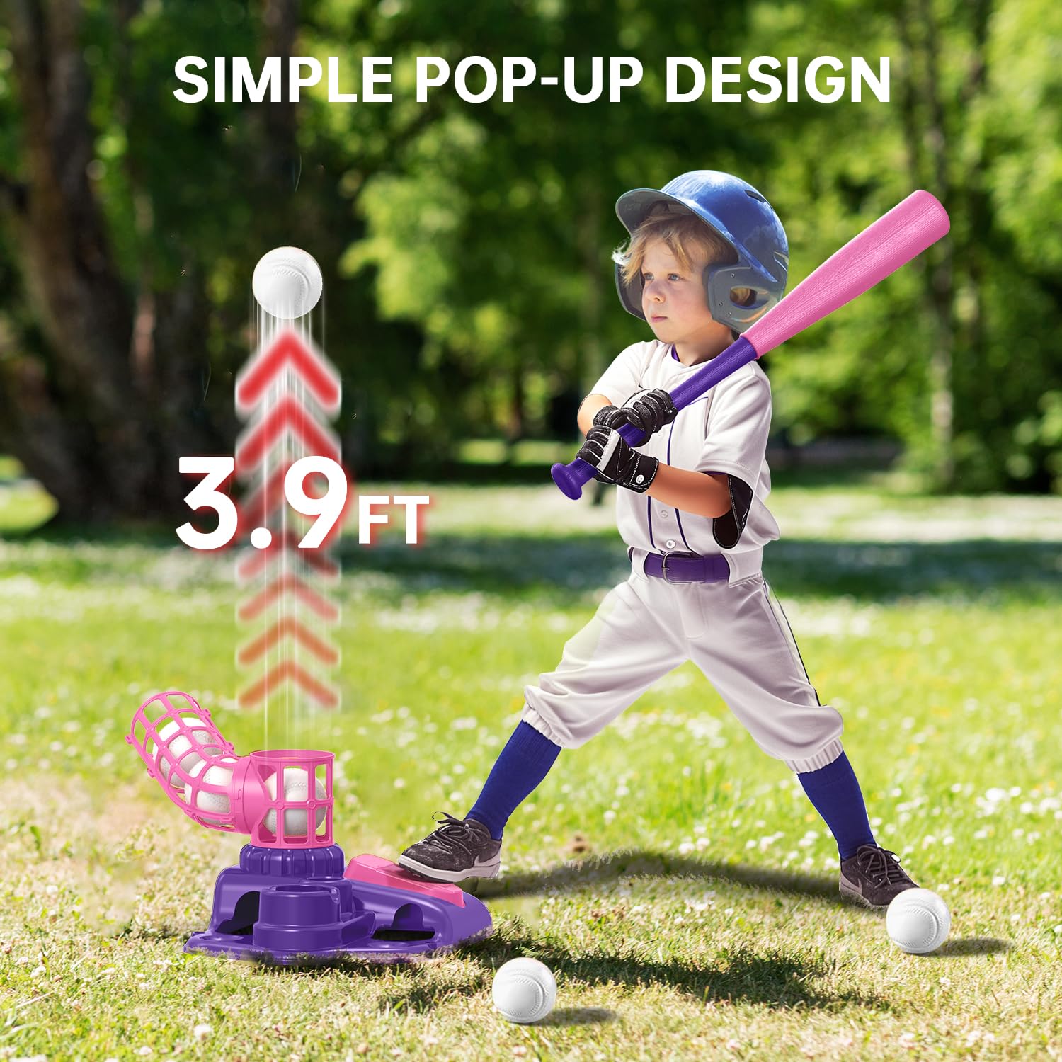 3-in-1 Adjustable Kids Baseball Set with Batting Tee, Stand Tee & Pitching Machine - Includes 6 Plastic Softballs & Bat for Ages 3-8 - Perfect for Indoor/Outdoor Backyard Games, Birthday Gifts for Boys & Girls (Pink) - Great for Backyard Practice, Family Fun & Youth Baseball Training
