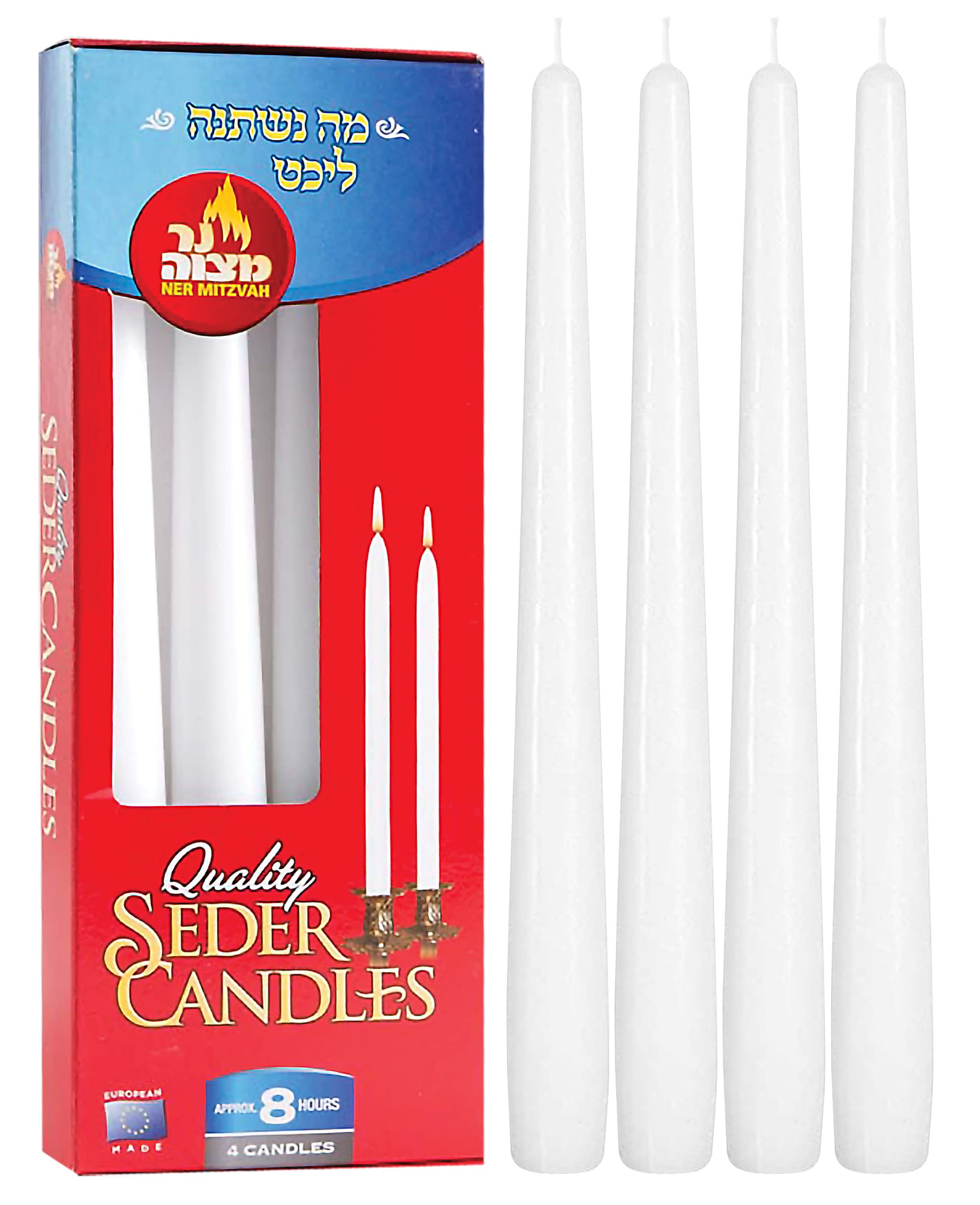 Premium Ner Mitzvah Passover Seder Candles - 8 Hour Long-Lasting Burn - Handcrafted in Europe - Set of 4 Elegant Taper Candles for Jewish Holidays & Special Occasions