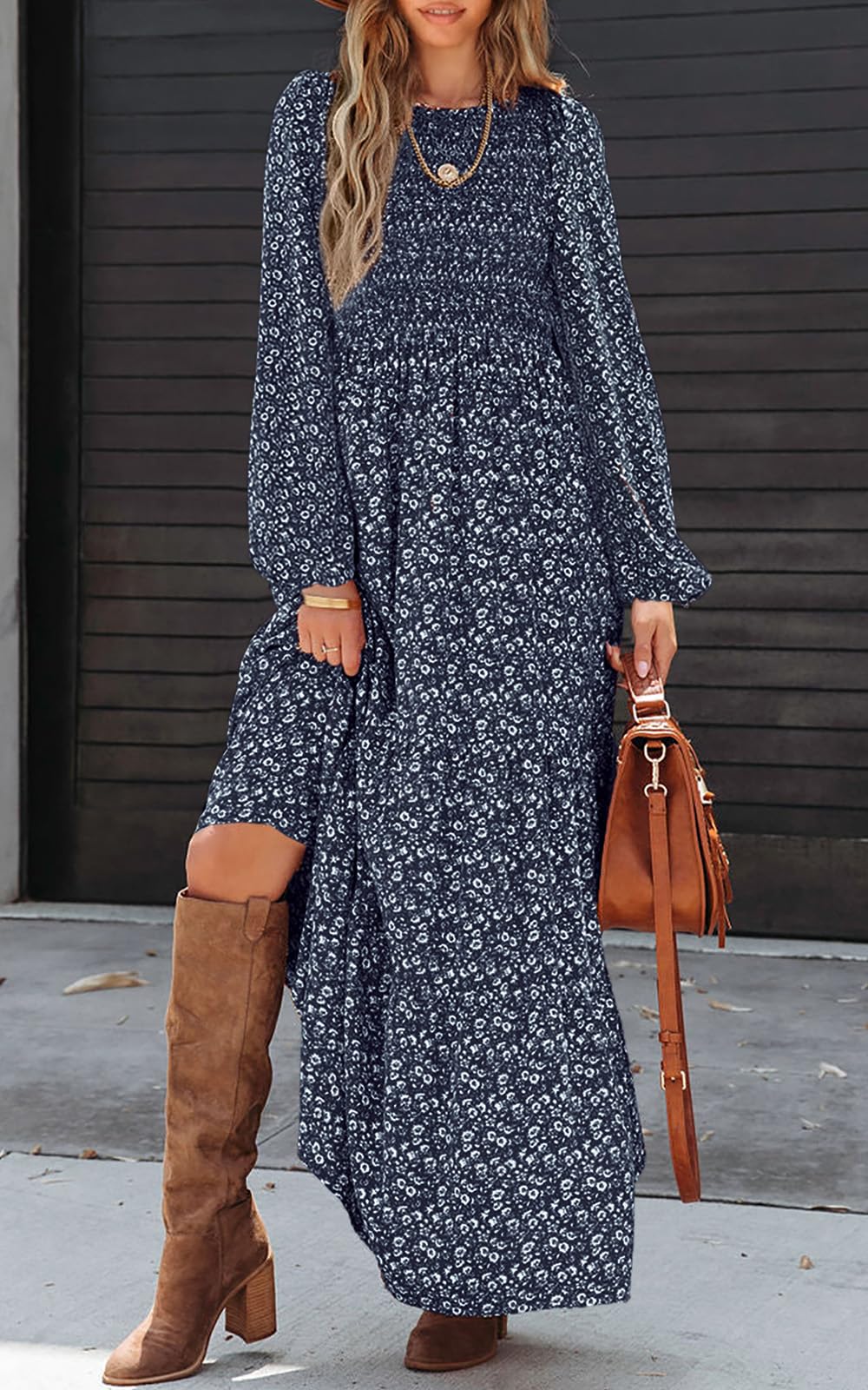 PRETTYGARDEN Women's Floral Maxi Dress Long Sleeve Smocked Tiered Summer Dress - Elegant Flowy Casual Midi Dress for Spring/Summer, Perfect for Beach Vacation, Date Night & Outdoor Parties