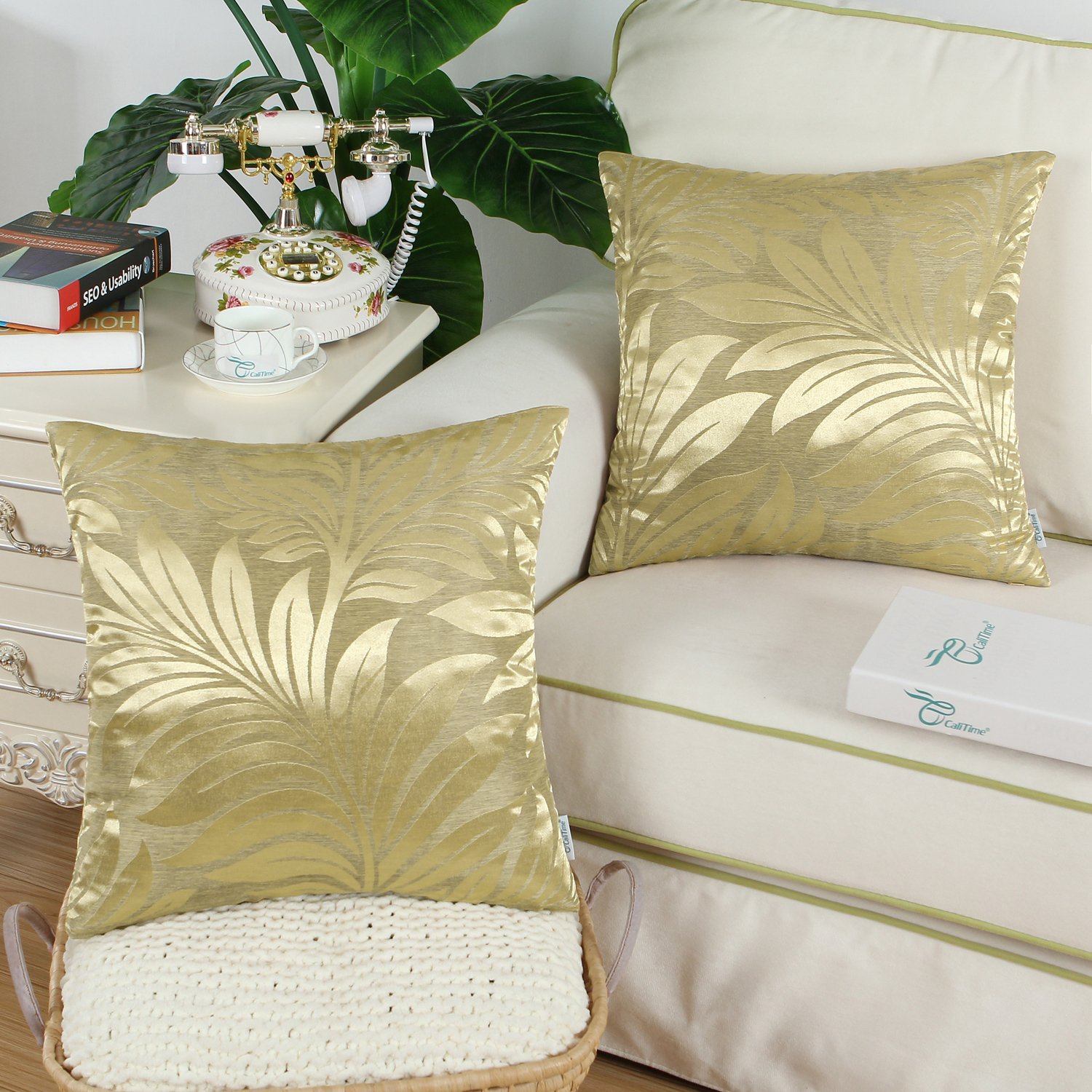 Premium Pack of 2 Tropical Fern Leaf Throw Pillow Covers 18x18 Inches - Gold Shimmer & Matte Contrast for Sofa, Couch & Home Decor | Perfect for Living Room, Bedroom & Seasonal Home Styling