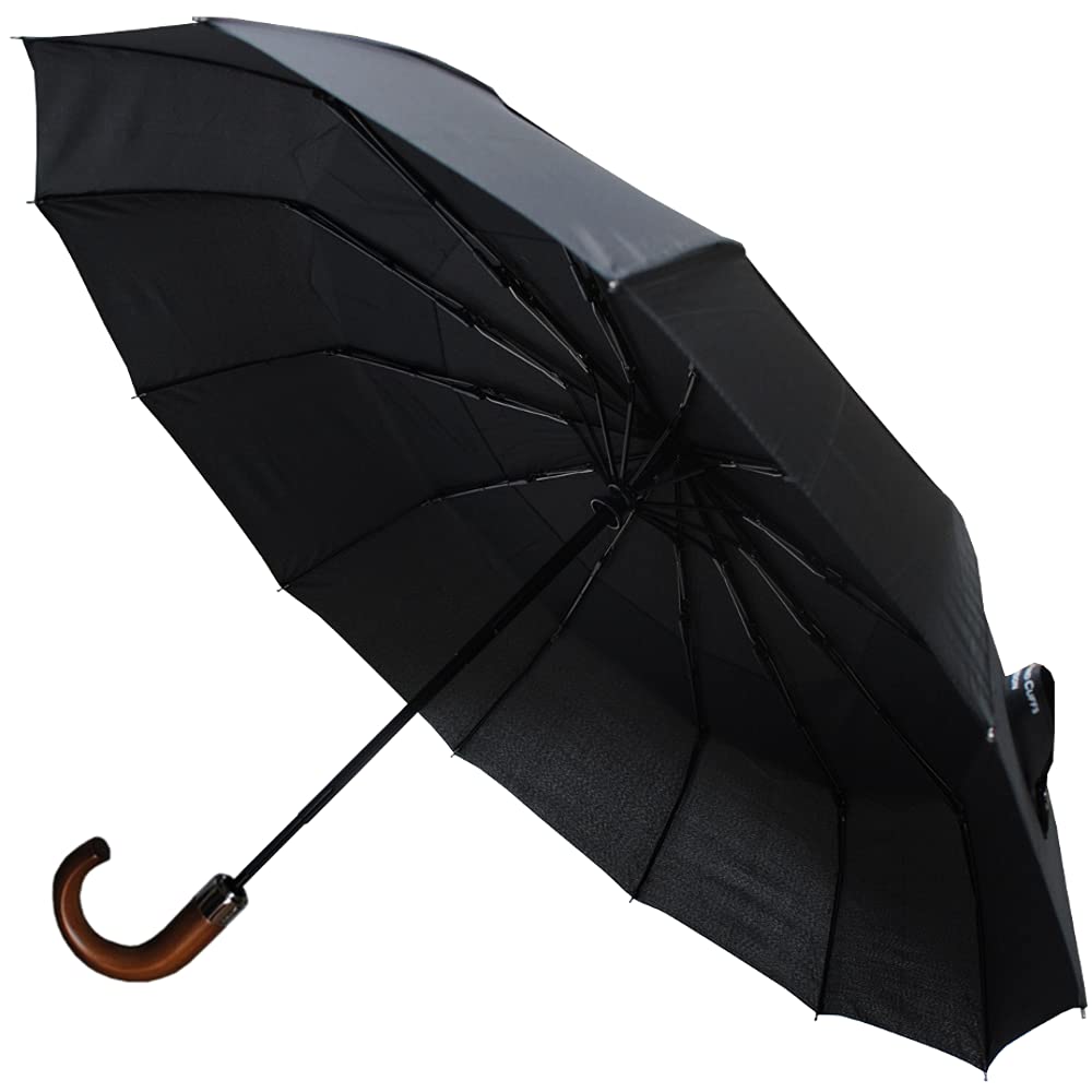 Compact Windproof Umbrella for Rain - 50MPH Wind Resistant - Auto Open/Close - Fiberglass Frame with Vented Canopy - Wooden Hook Handle - Perfect for Travel, Backpack & Everyday Use