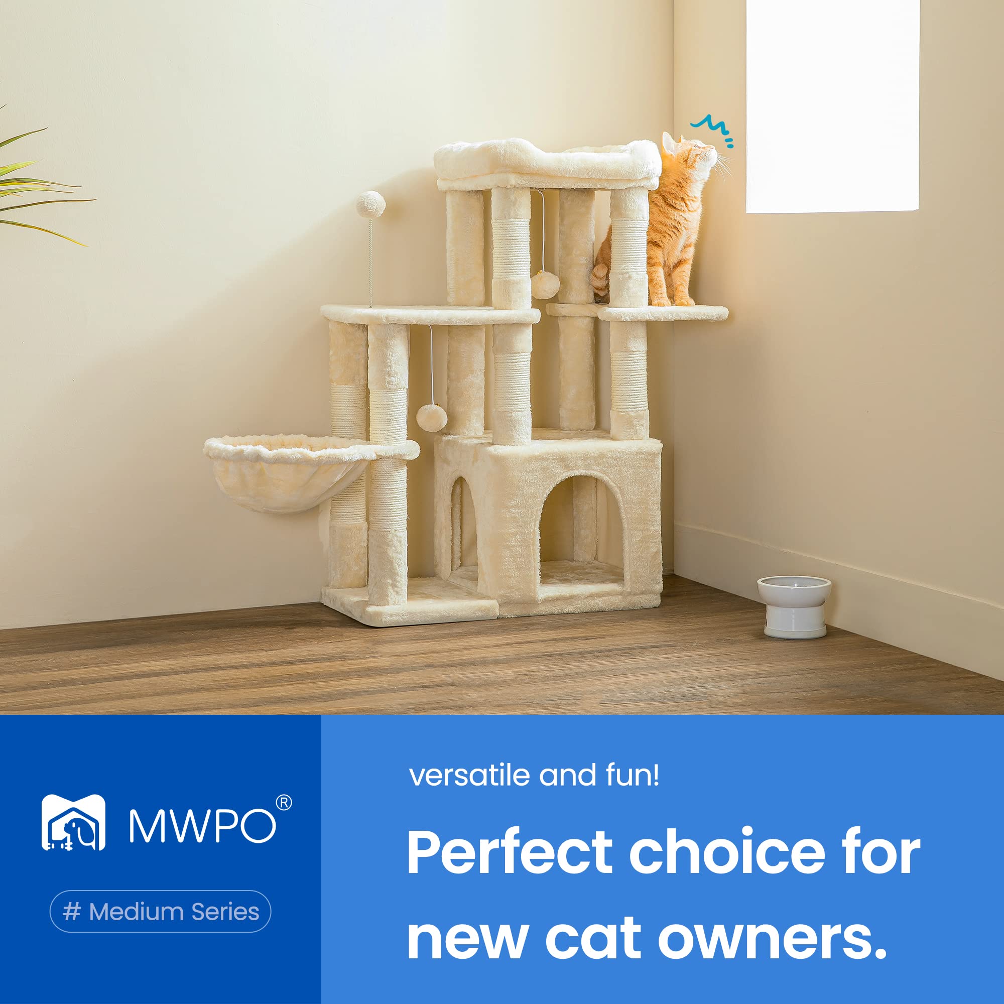 35.8-inch MWPO Cat Tree Tower for Indoor Cats - Multi-Level Cat Condo with Large Padded Perch, Sisal Scratching Posts, Fluffy Hammock & Dangling Toys | Perfect for Kittens & Senior Cats (Beige) | Ideal for Small Spaces, Apartments & Cat Play Areas
