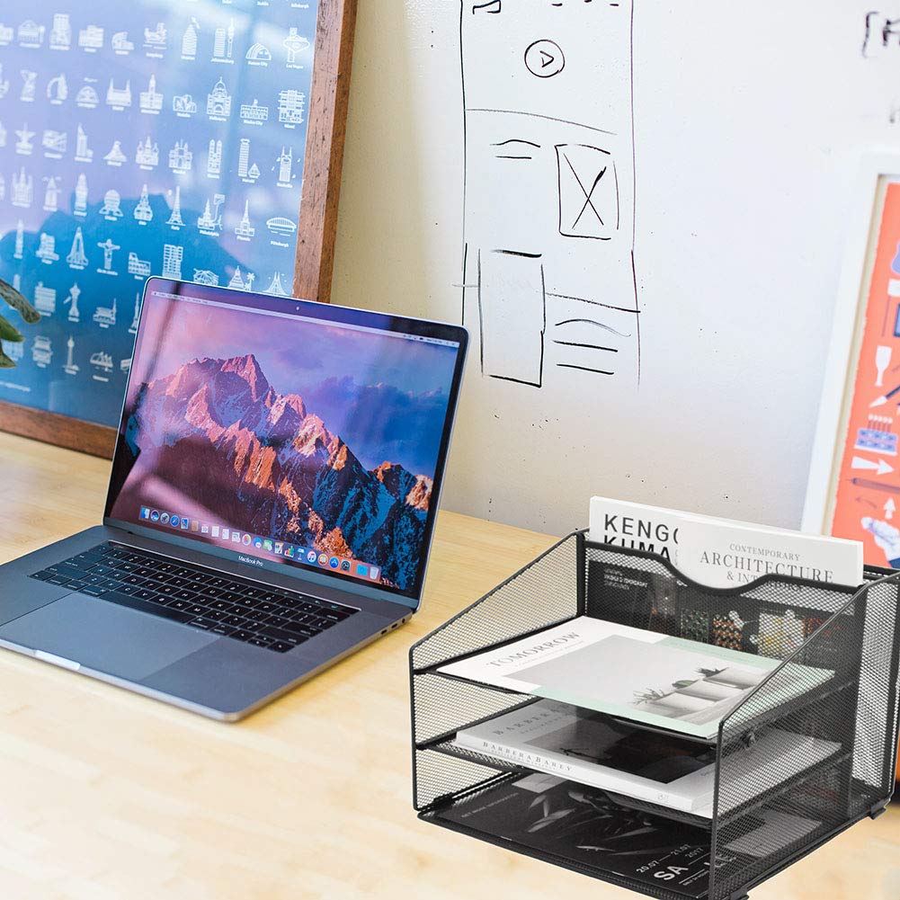 EASEPRES Mesh File Organizer for Office Desk - 3-Tier Paper Letter Tray with Vertical Upright Compartment - Black Desktop File Folder Holder for Documents, Bills, and Office Supplies - Perfect for Home Office, School, and Workspace Organization