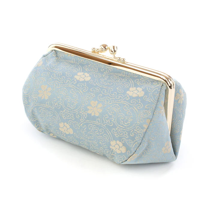 Authentic Kyoto Nishijin Small Pouch - Blue Chrysanthemum & Peony Floral Design | Japanese Handmade Cosmetic & Makeup Bag | Perfect for Travel, Gift & Daily Essentials Storage
