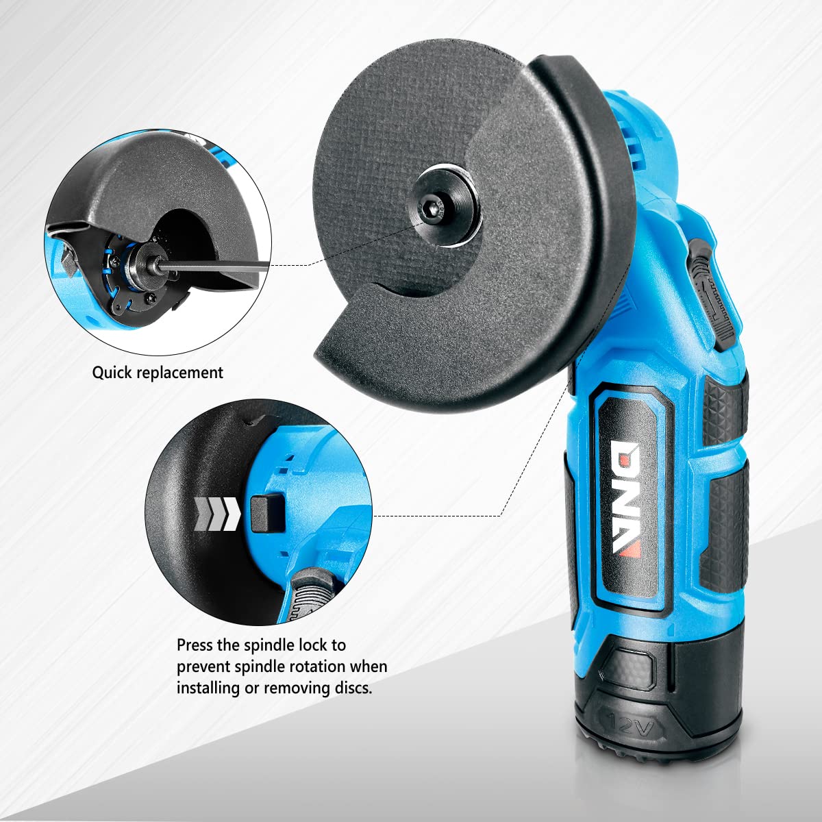 DNA MOTORING 12V Cordless Angle Grinder - Variable Speed with Spindle Lock, Dry Cutting & Rough Grinding Power Tool (Blue, Battery Not Included) - Perfect for Metalworking, Wood Carving & DIY Home Projects