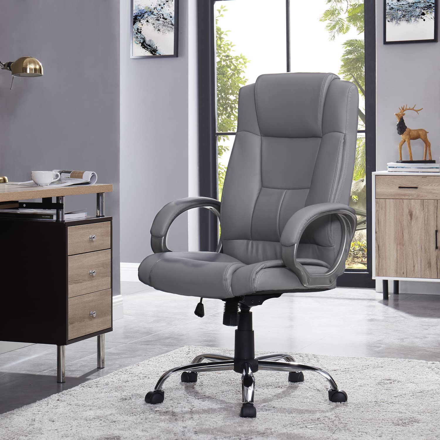 Naomi Home Ergonomic Office Chair - High Back Executive Desk Chair with Wheels, Adjustable Armrests & Lumbar Support, Height/Tilt Swivel Leather Computer Chair - Gray - Perfect for Home Office, Gaming & Workspace Comfort