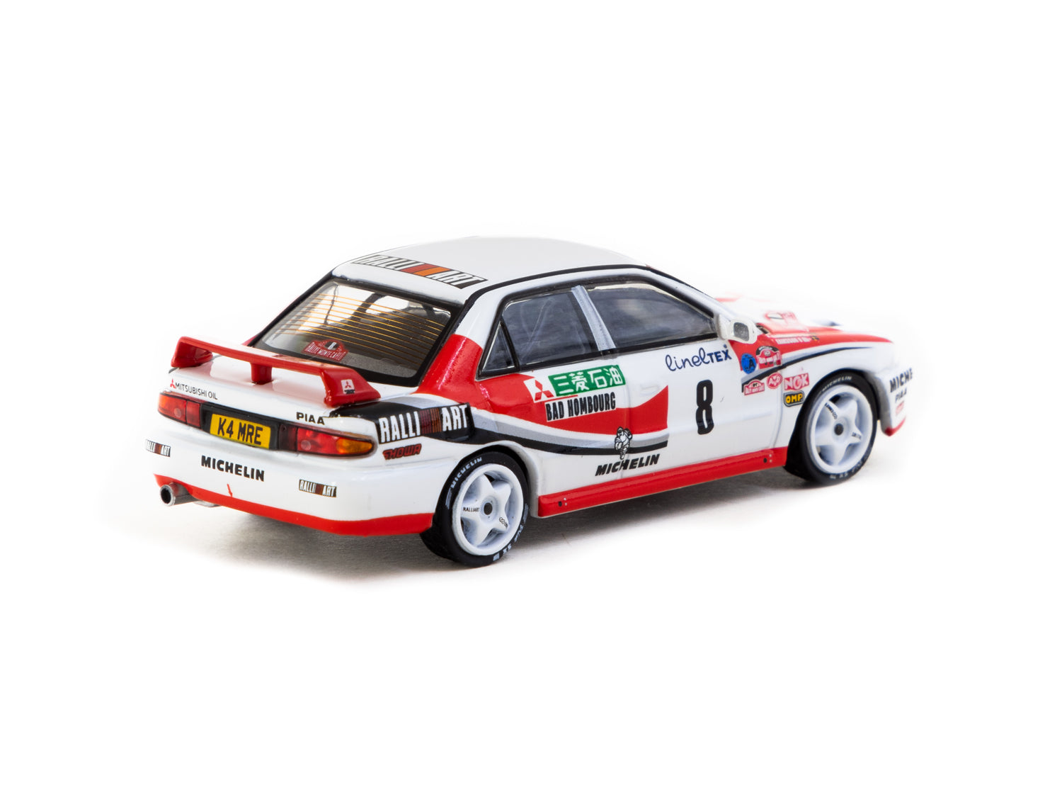 Tarmac Works 1/64 Scale Mitsubishi Lancer Evolution Rallye Monte Carlo 1993 #8 Diecast Model Car - Collectible Miniature for Racing Fans & Display Enthusiasts