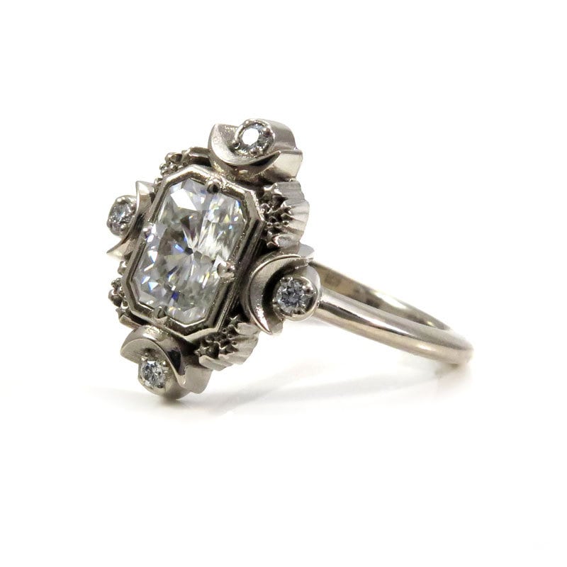Emerald Cut Artemis Moon Engagement Ring with Radiant Cut Moissanite - Celestial Goddess Wedding Band for Brides, Unique Proposal Jewelry Gift for Her | Perfect for Romantic Proposals, Anniversaries & Special Occasions