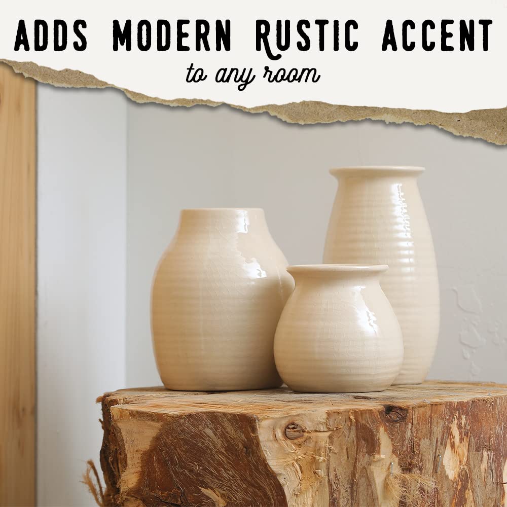 White Ceramic Vase Set of 3 - Rustic Farmhouse Decor for Living Room, Fireplace & Home | Modern Flower Vases for Centerpieces, Wedding Decor & Housewarming Gifts