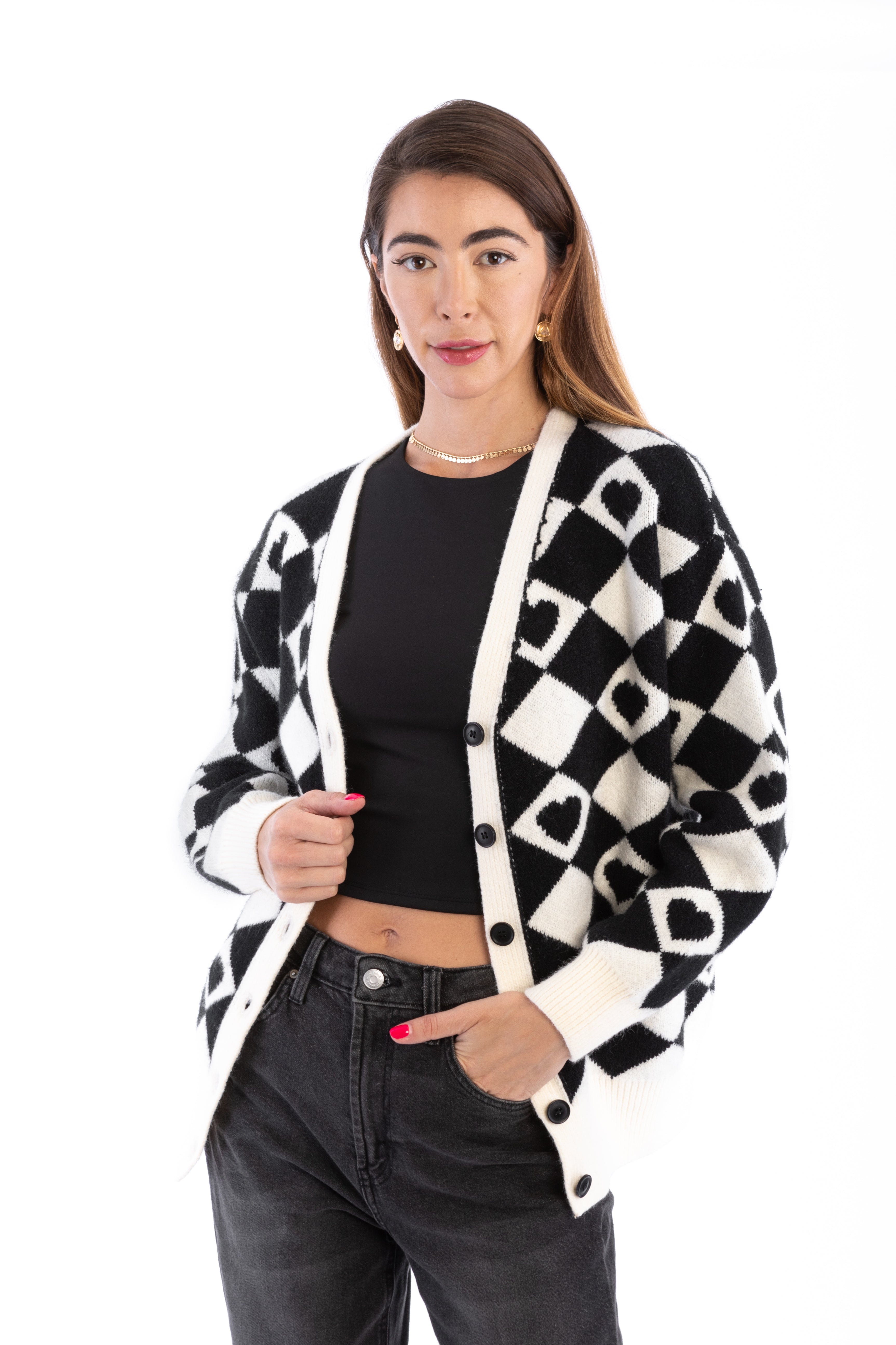 Checkered Hearts Cardigan for Women - Cozy Knit Sweater with Heart Pattern - Perfect for Valentine's Day, Date Night & Casual Outfits