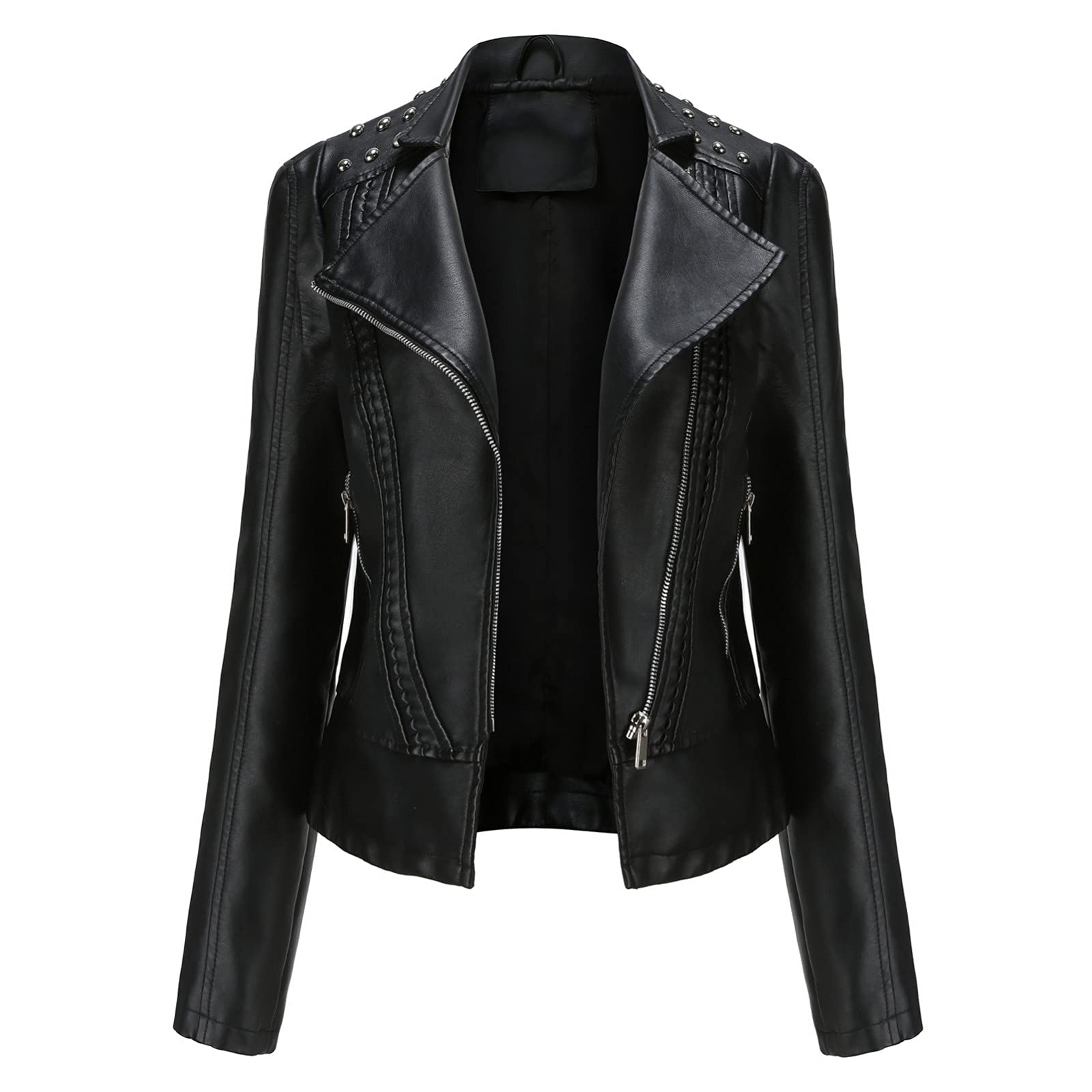 Vintage Women's Spring Jacket with Rivets & Zipper Pockets - Slim Fit Long Sleeve Motorcycle Biker Coat for Casual Outings & Outdoor Adventures