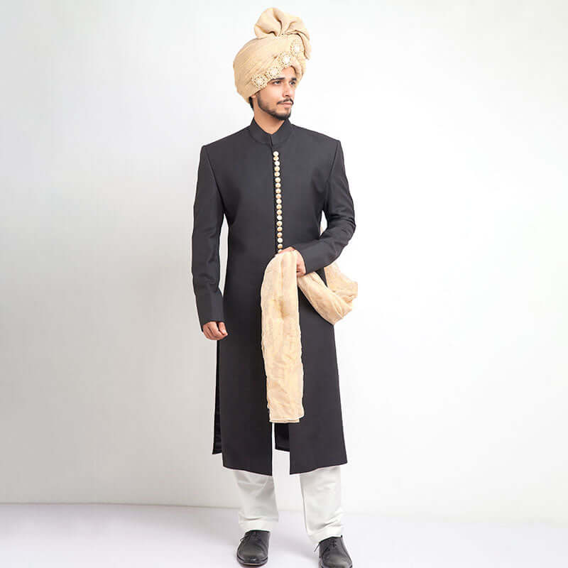 AI Signature: Jet Black Quad Slit Sherwani | Premium Indian Wedding Sherwani for Groom | Perfect for Weddings, Festivals & Special Occasions