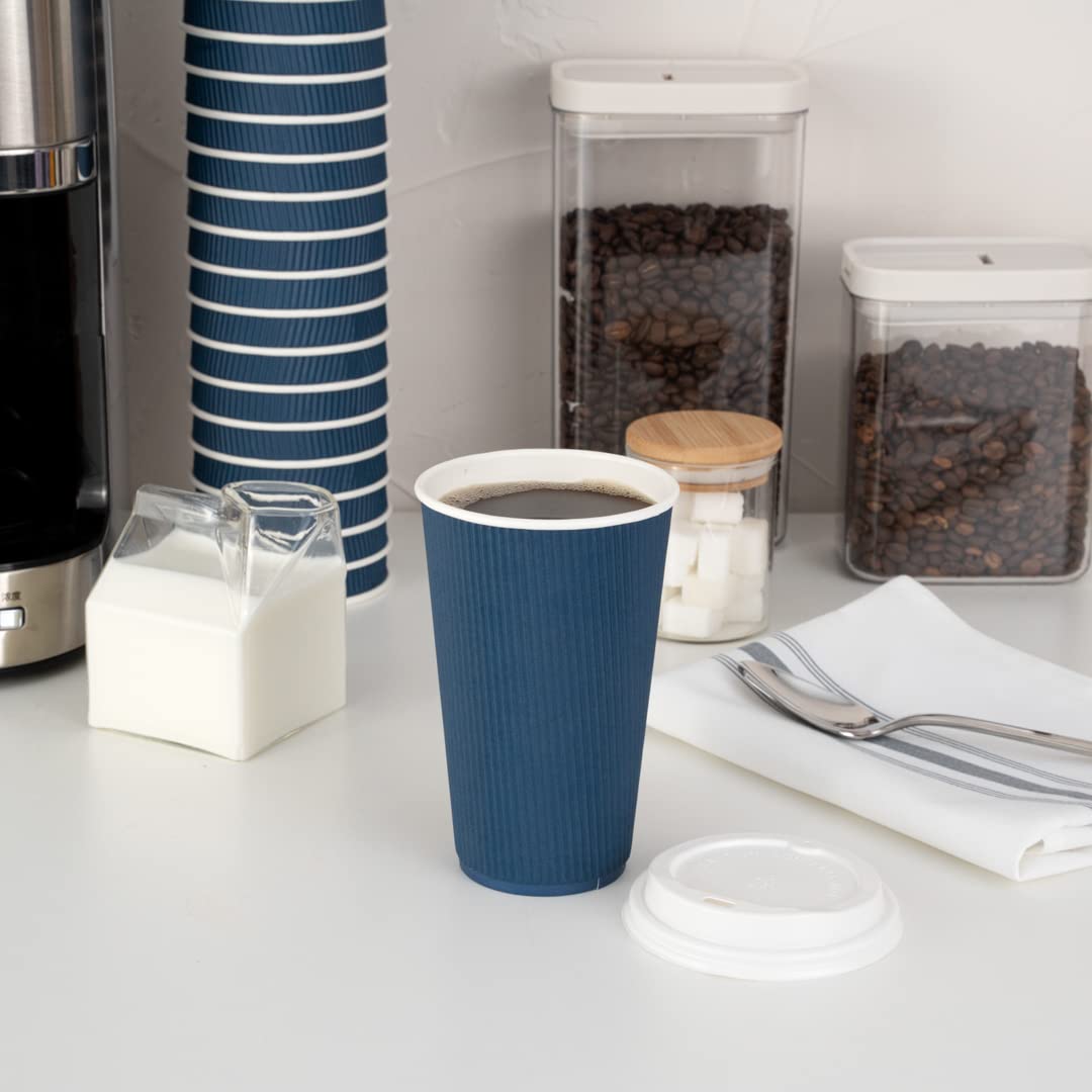 Restaurantware 16oz Insulated Coffee Cups with Lids - 200 Count Ripple Wall Hot Cups, Leakproof & Non-Slip, Midnight Blue Disposable Paper Cups for Coffee, Tea, Hot Cocoa & Lattes - Perfect for Cafes, Offices & Catering Events