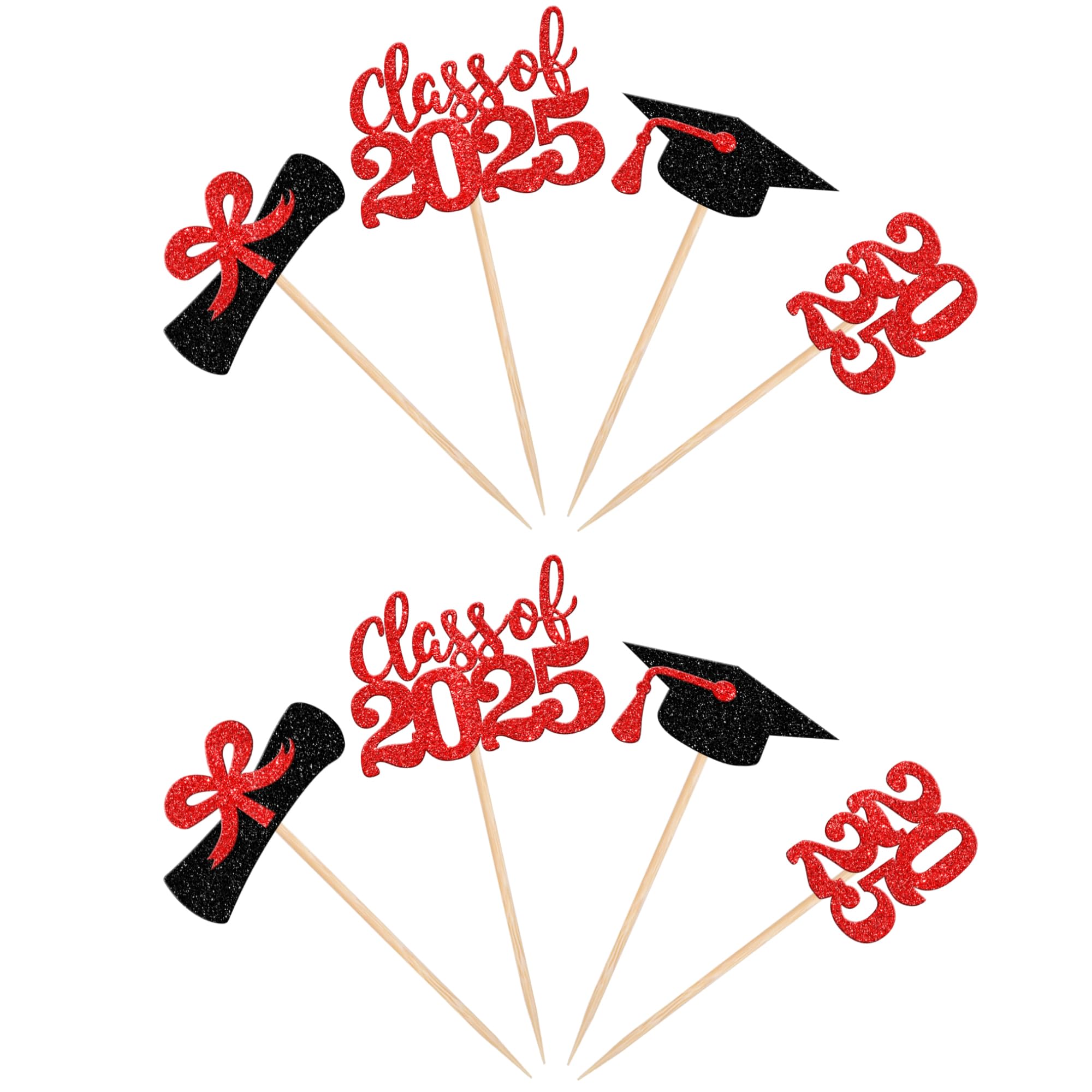 36 PCS 2025 Graduation Cupcake Toppers - Glitter Class of 2025 Caps & Diplomas Cake Decorations for Graduation Party Supplies (Red) - Perfect for Graduation Cakes, Cupcakes, and Dessert Tables