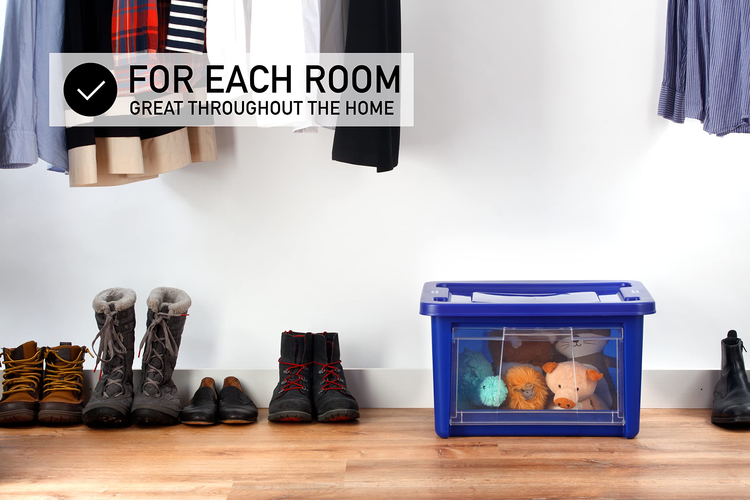 Rubbermaid 4-Pack Small All-Access Storage Totes with Lids - Stackable Clear Drop-Door Bins with Handles for Closet, Pantry & Home Organization - Blazer Blue Plastic Containers for Toys, Clothes & Household Items