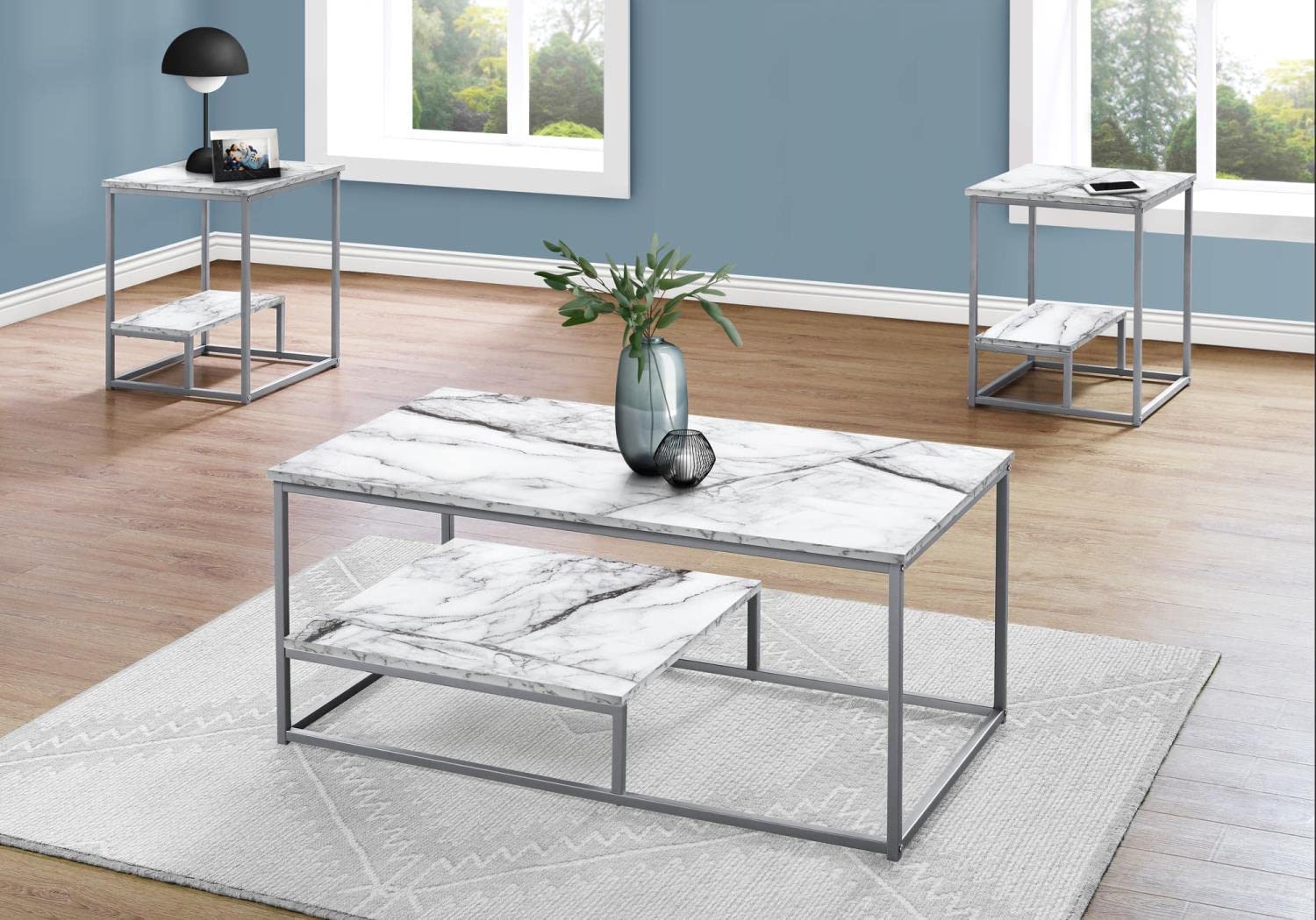 Monarch Specialties I 7963P 3-Piece Table Set - Coffee Table, End Table & Side Table - White Marble Look Laminate Metal Accent Tables for Living Room - Grey Contemporary Modern Furniture for Home Decor & Small Spaces